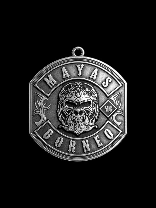 Custom tribal warrior motorcycle club pendant craftsmanship reference, front view