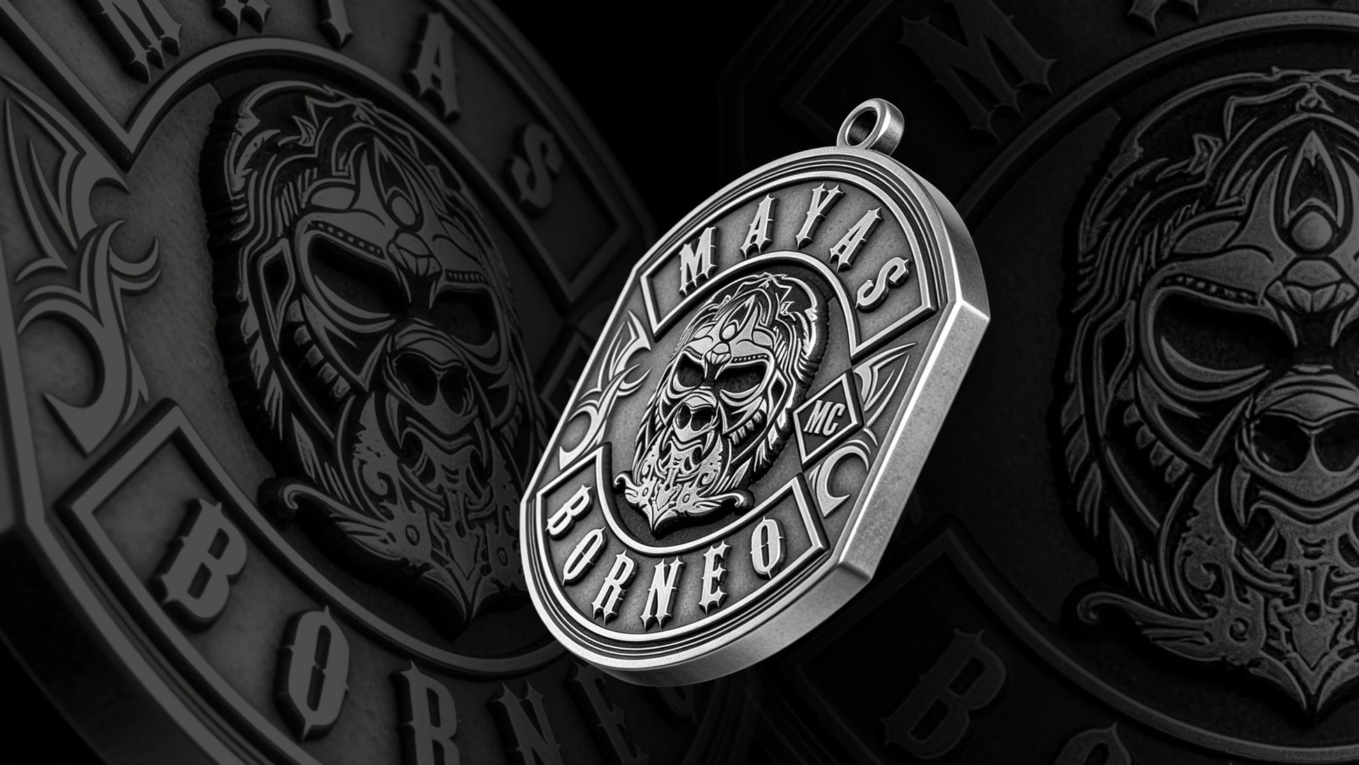 Custom tribal warrior motorcycle club pendant craftsmanship reference, gallery layout