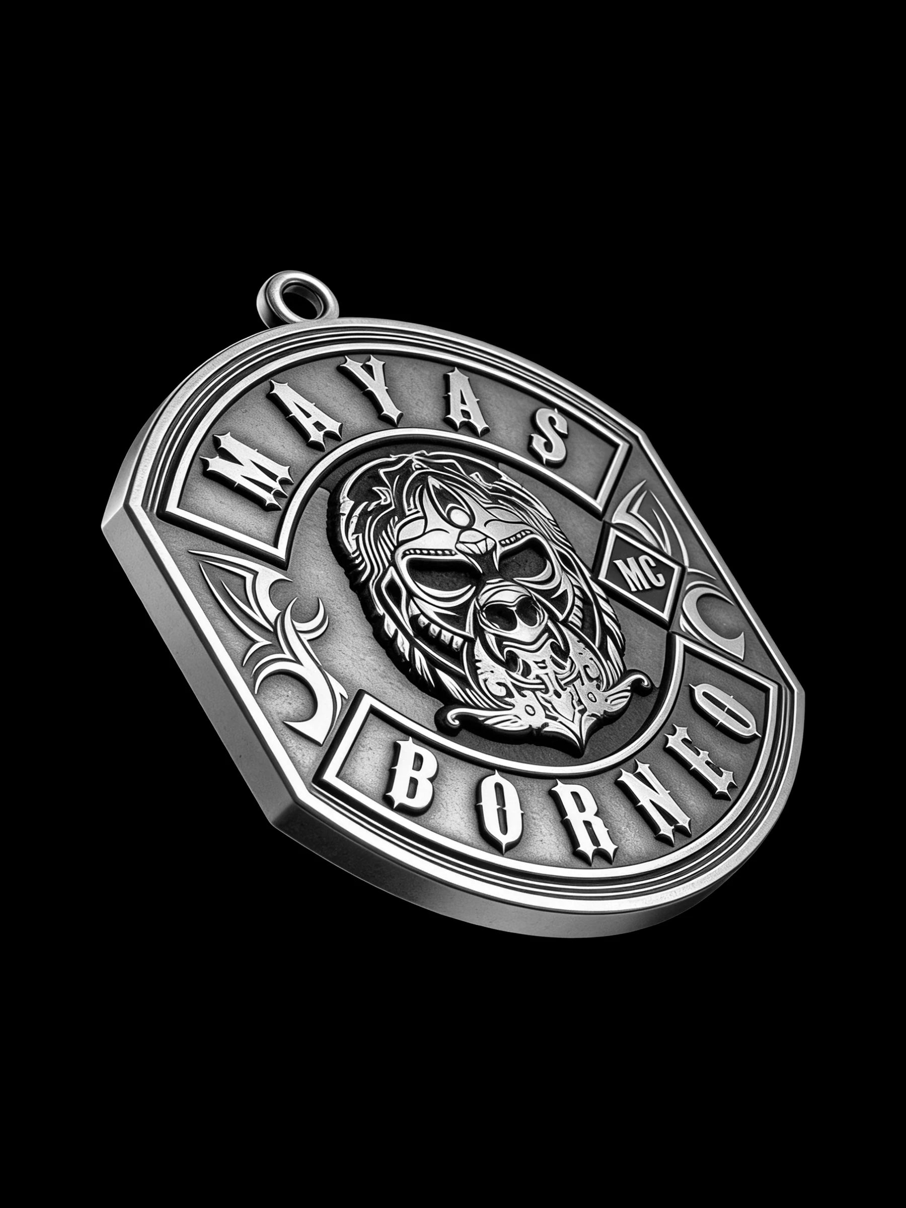 Custom tribal warrior motorcycle club pendant craftsmanship reference, left angle