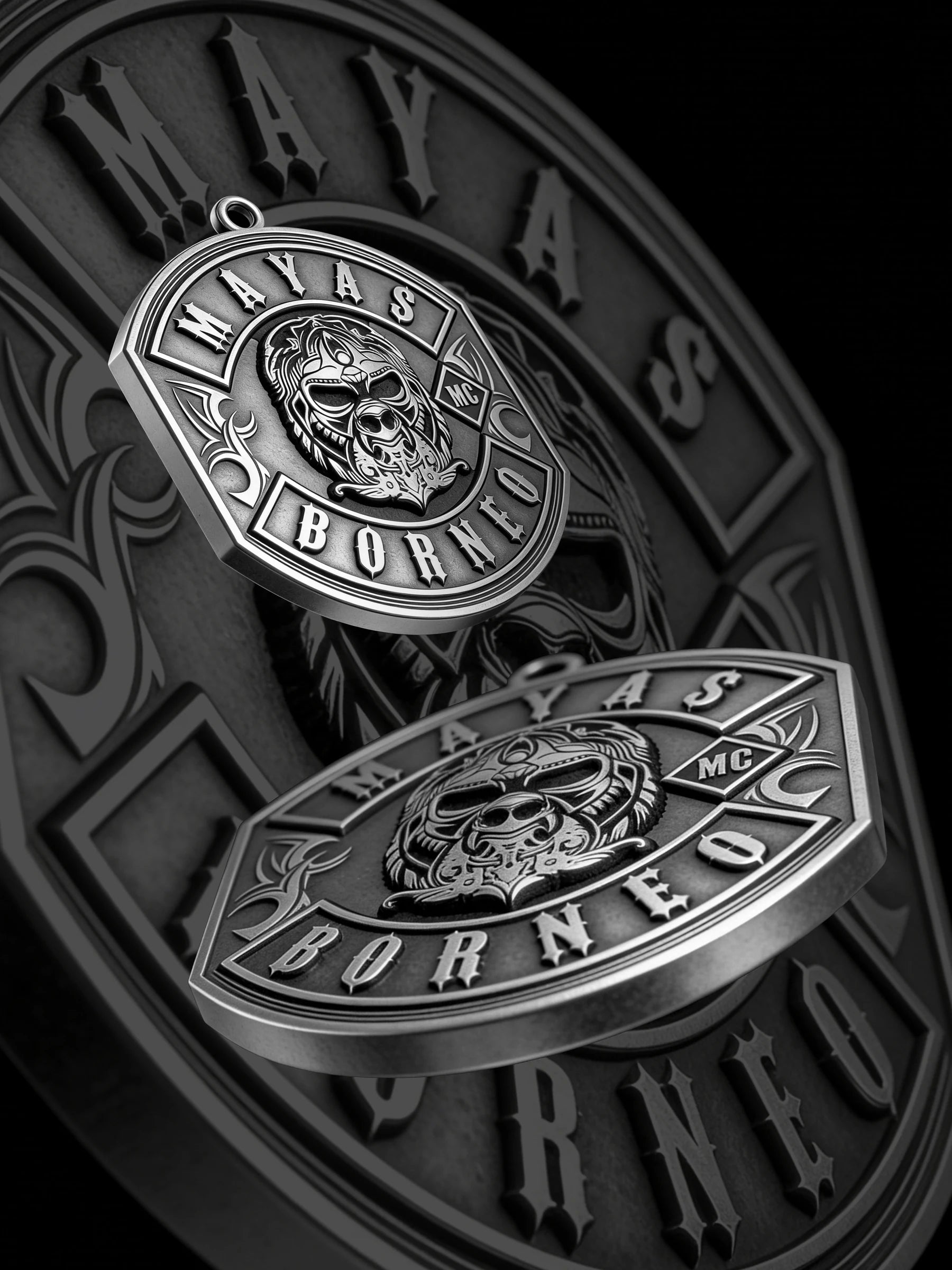 Custom tribal warrior motorcycle club pendant craftsmanship reference, paired display