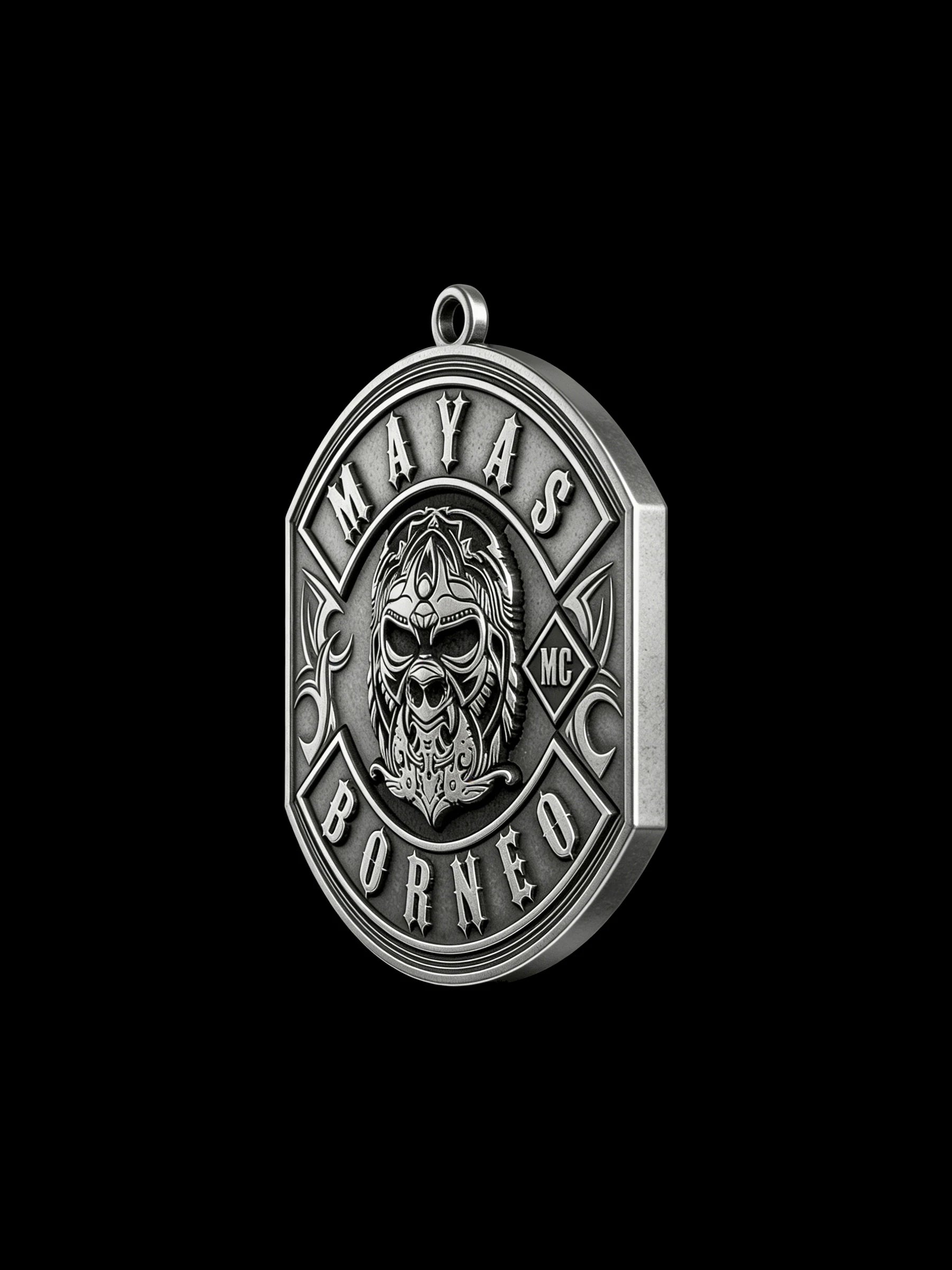 Custom tribal warrior motorcycle club pendant craftsmanship reference, right angle