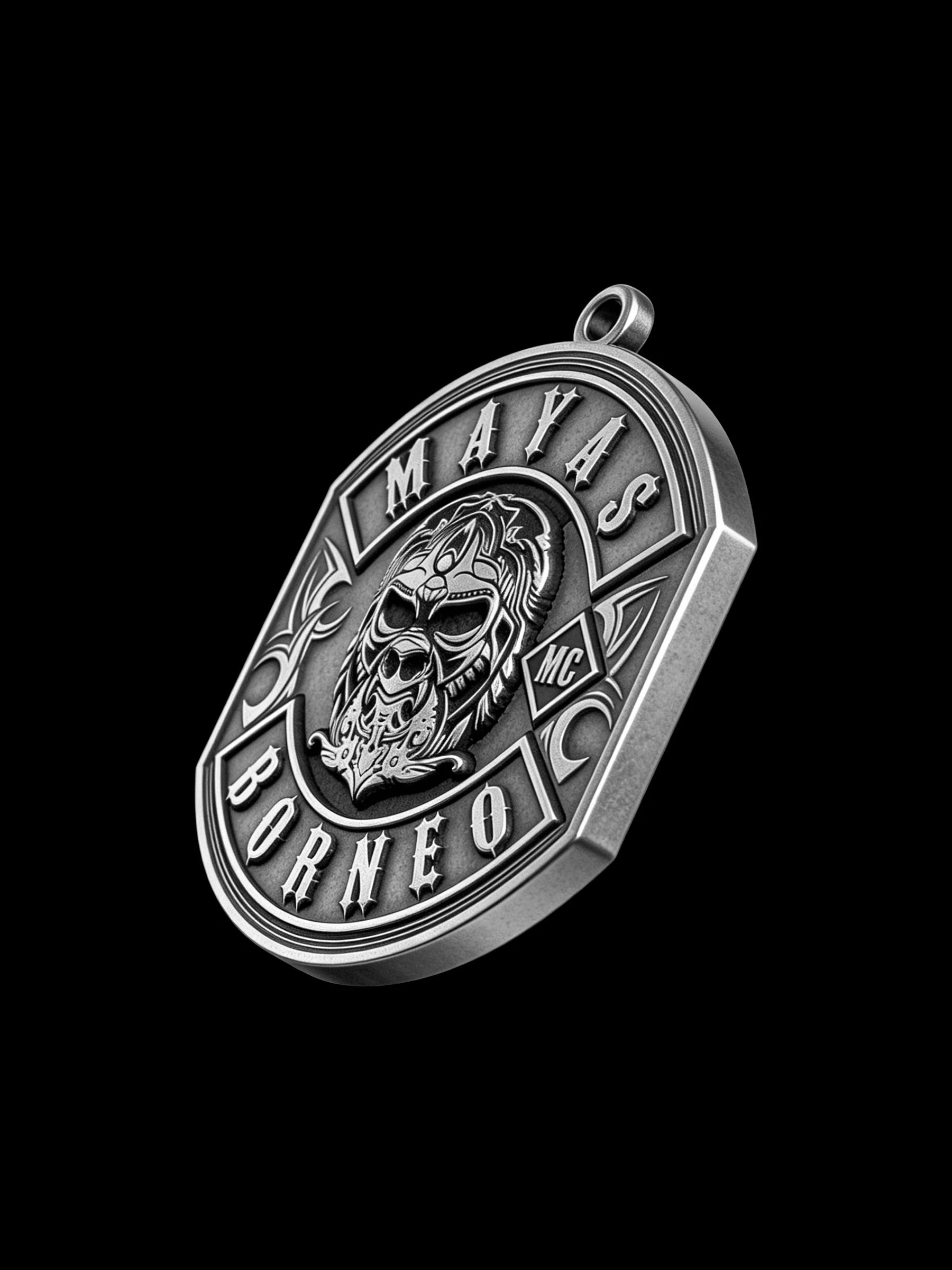 Custom tribal warrior motorcycle club pendant craftsmanship reference, side profile