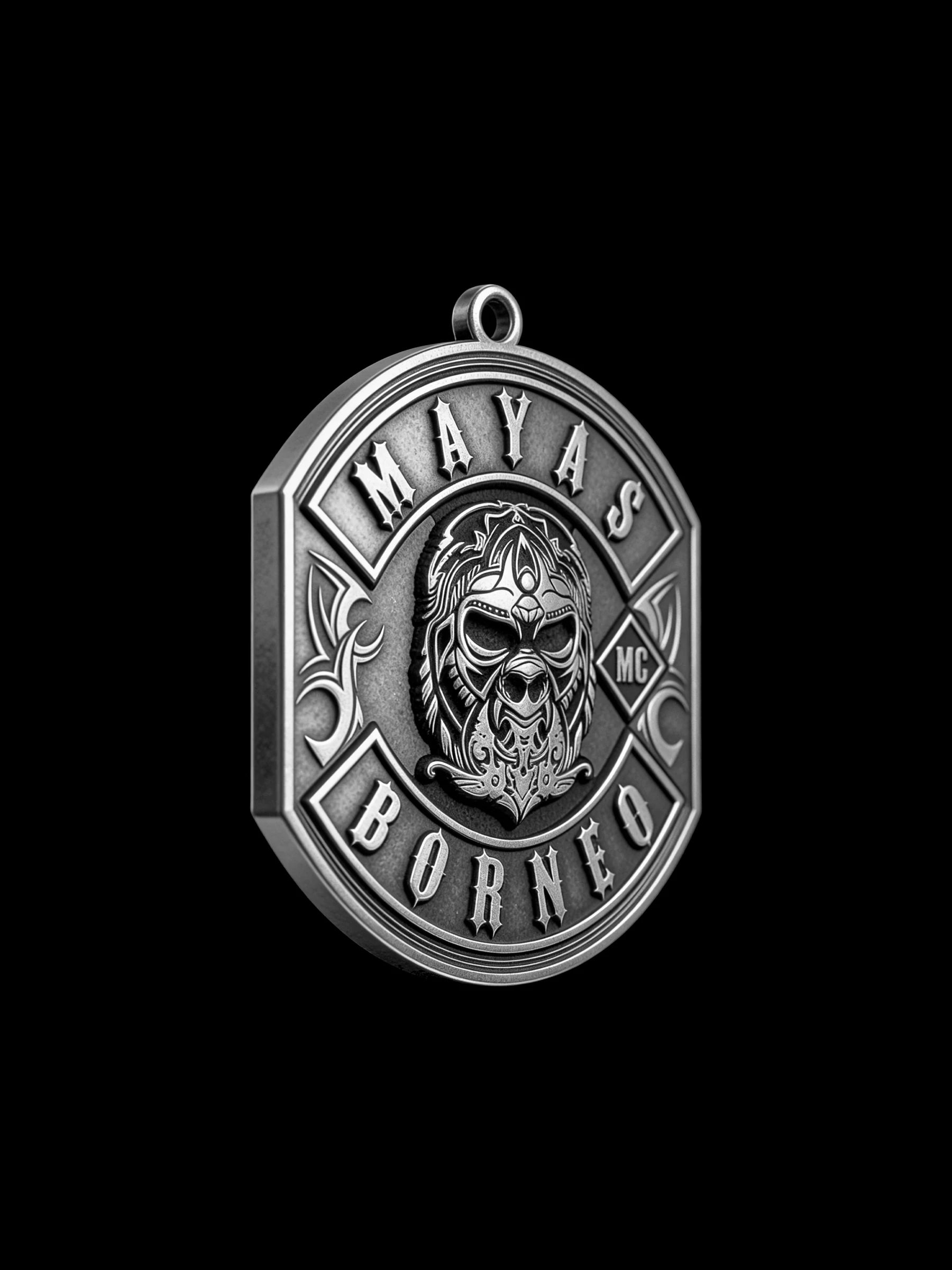 Custom tribal warrior motorcycle club pendant craftsmanship reference, three quarter view