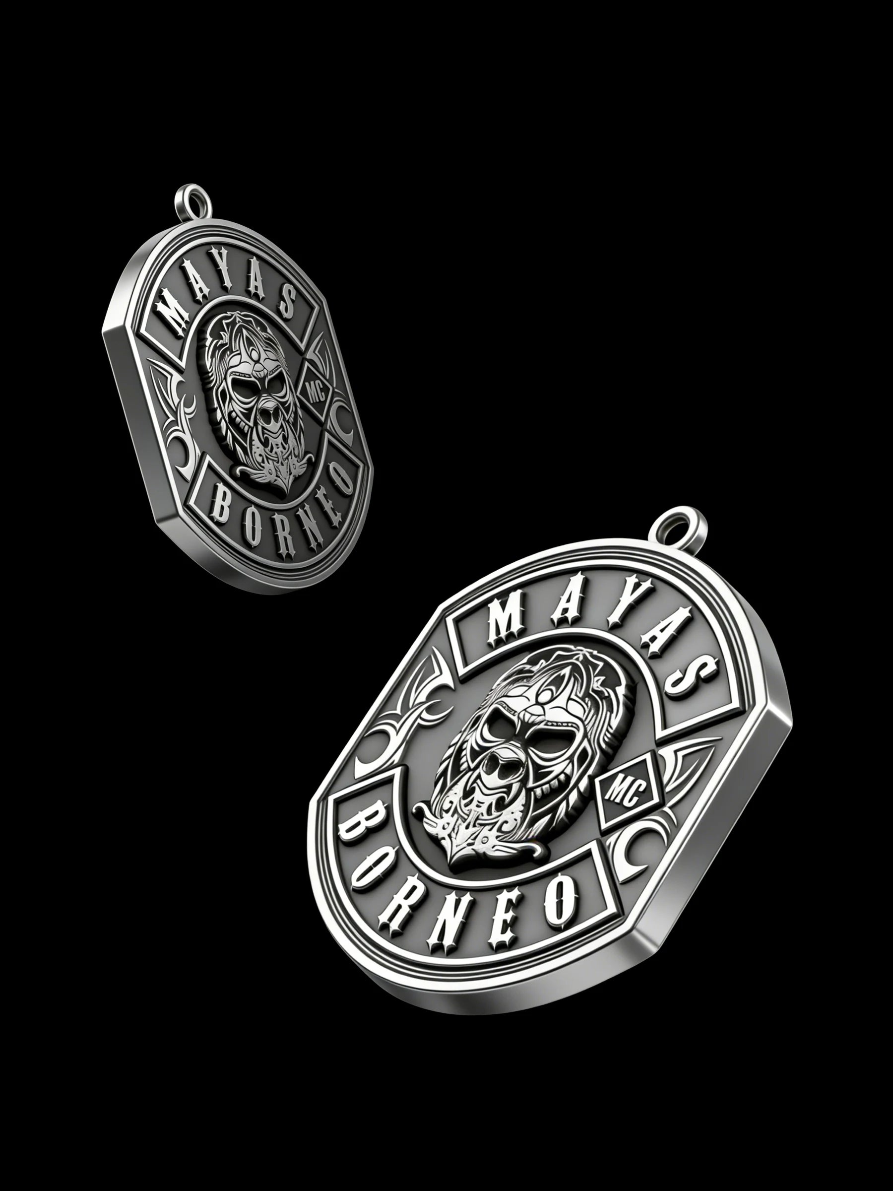 Custom tribal warrior motorcycle club pendant craftsmanship reference, with chain