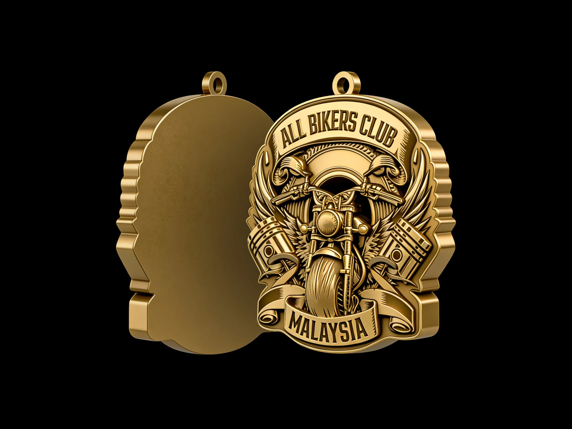 Custom v-twin motorcycle motorcycle club pendant craftsmanship reference, back and front