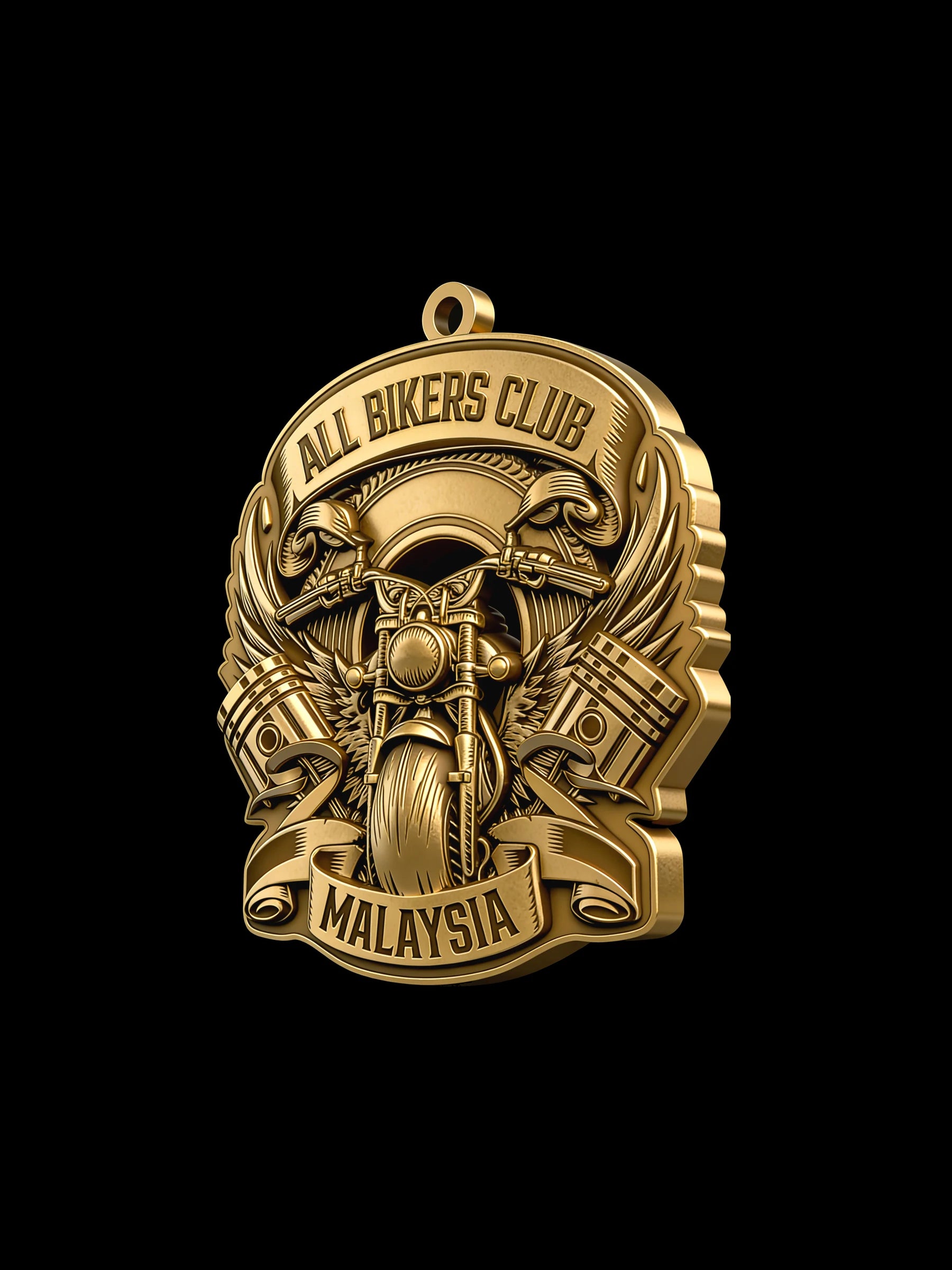 Custom v-twin motorcycle motorcycle club pendant craftsmanship reference, left angle