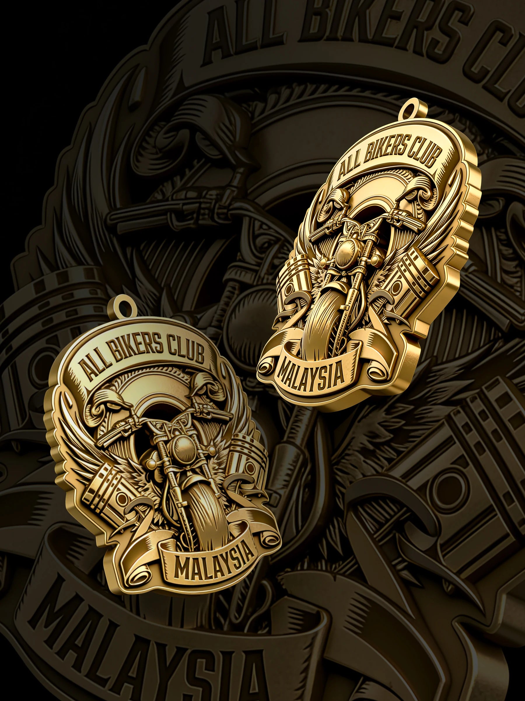 Custom v-twin motorcycle motorcycle club pendant craftsmanship reference, paired display