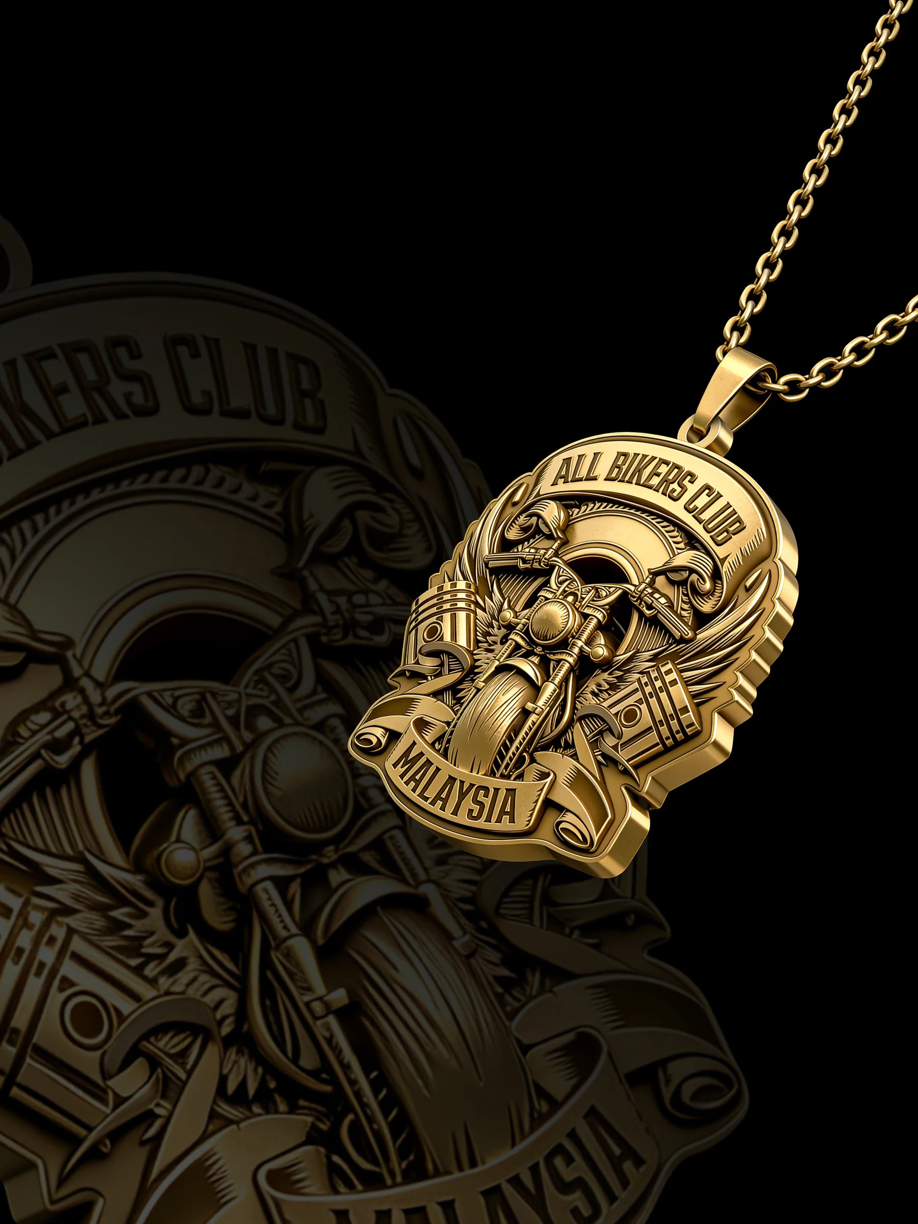 Custom v-twin motorcycle motorcycle club pendant craftsmanship reference, raised relief detail