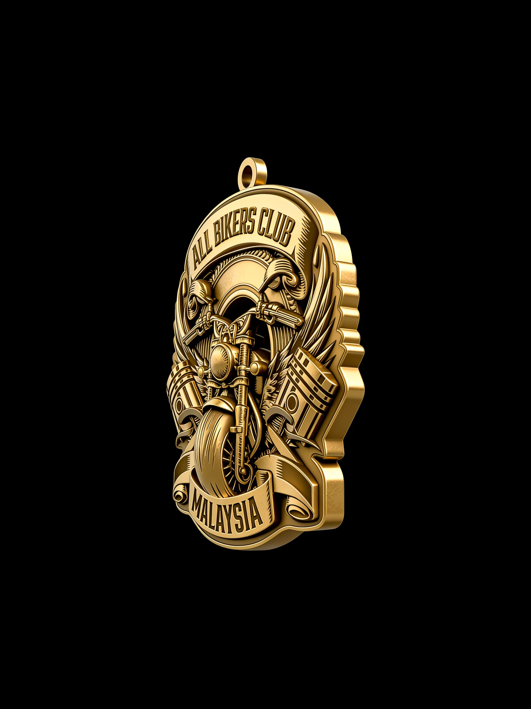 Custom v-twin motorcycle motorcycle club pendant craftsmanship reference, three quarter view