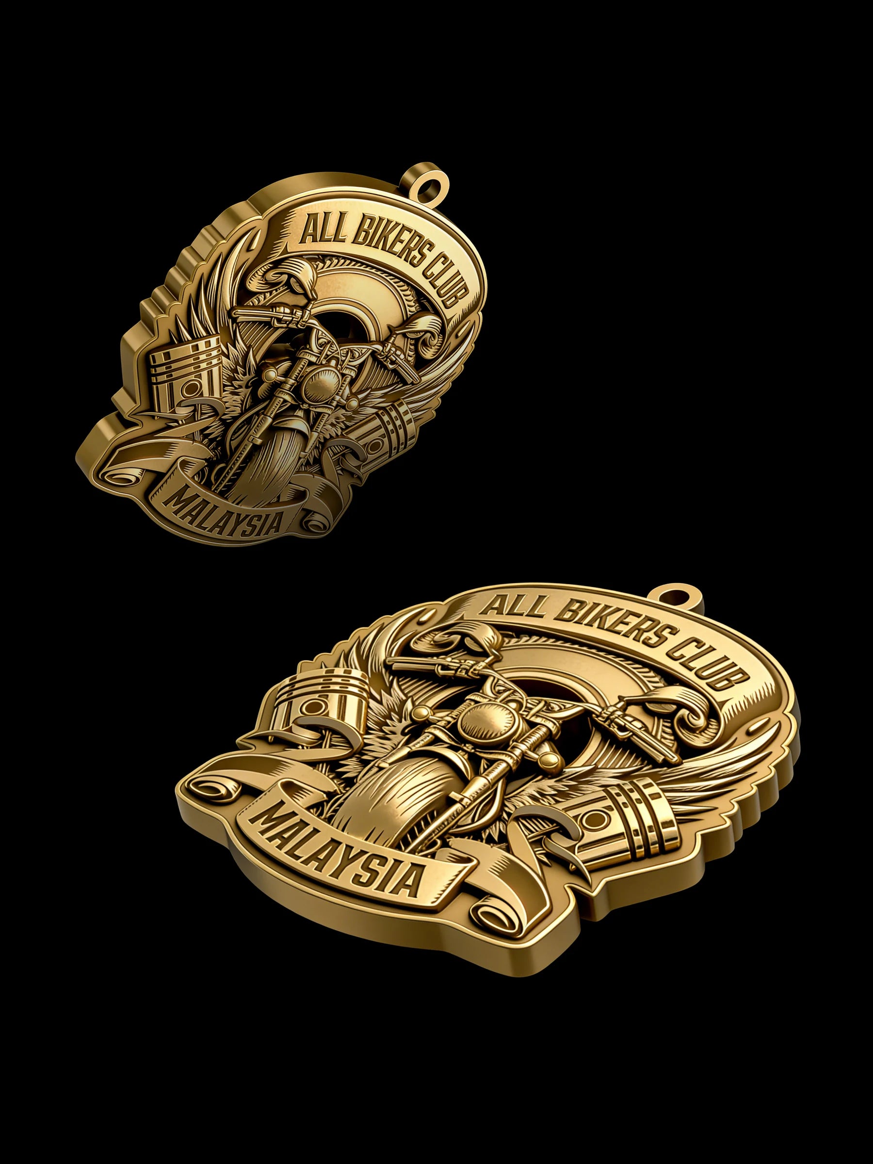 Custom v-twin motorcycle motorcycle club pendant craftsmanship reference, with chain