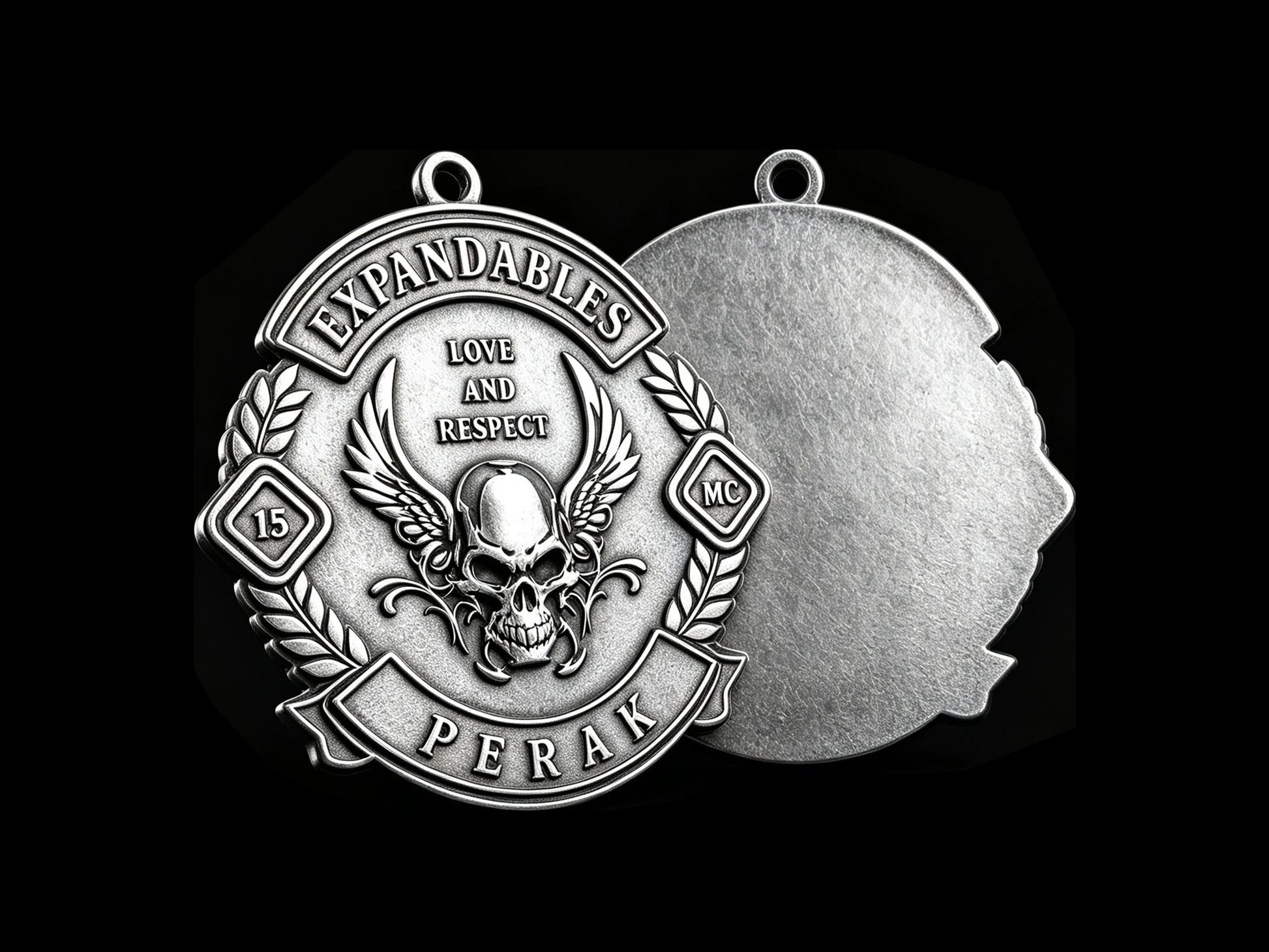 Custom winged devil skull motorcycle club pendant craftsmanship reference, back and front