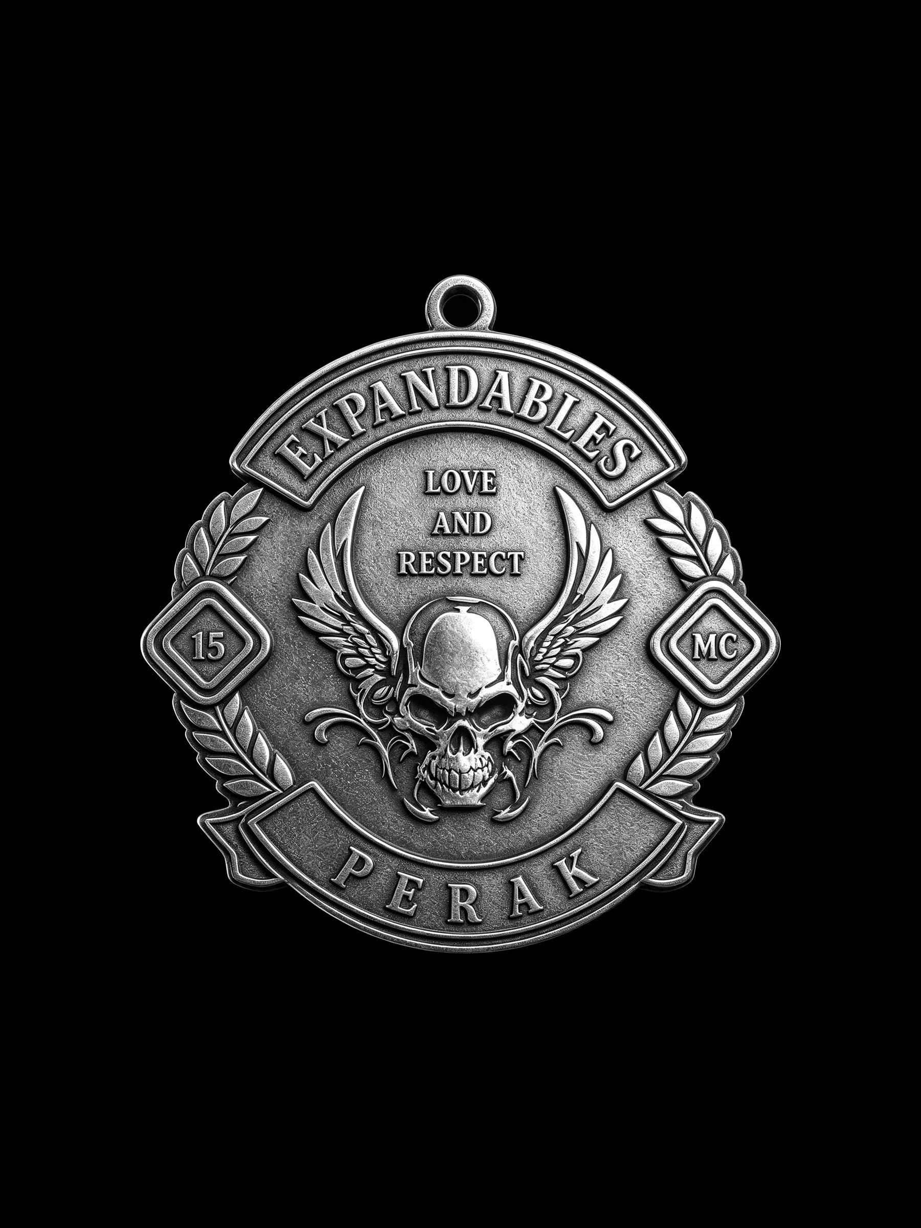 Custom winged devil skull motorcycle club pendant craftsmanship reference, front view