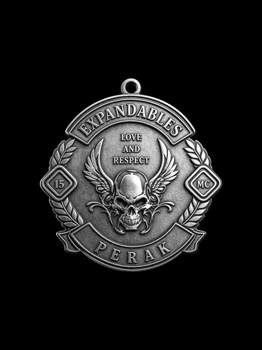 Custom winged devil skull motorcycle club pendant craftsmanship reference, front view