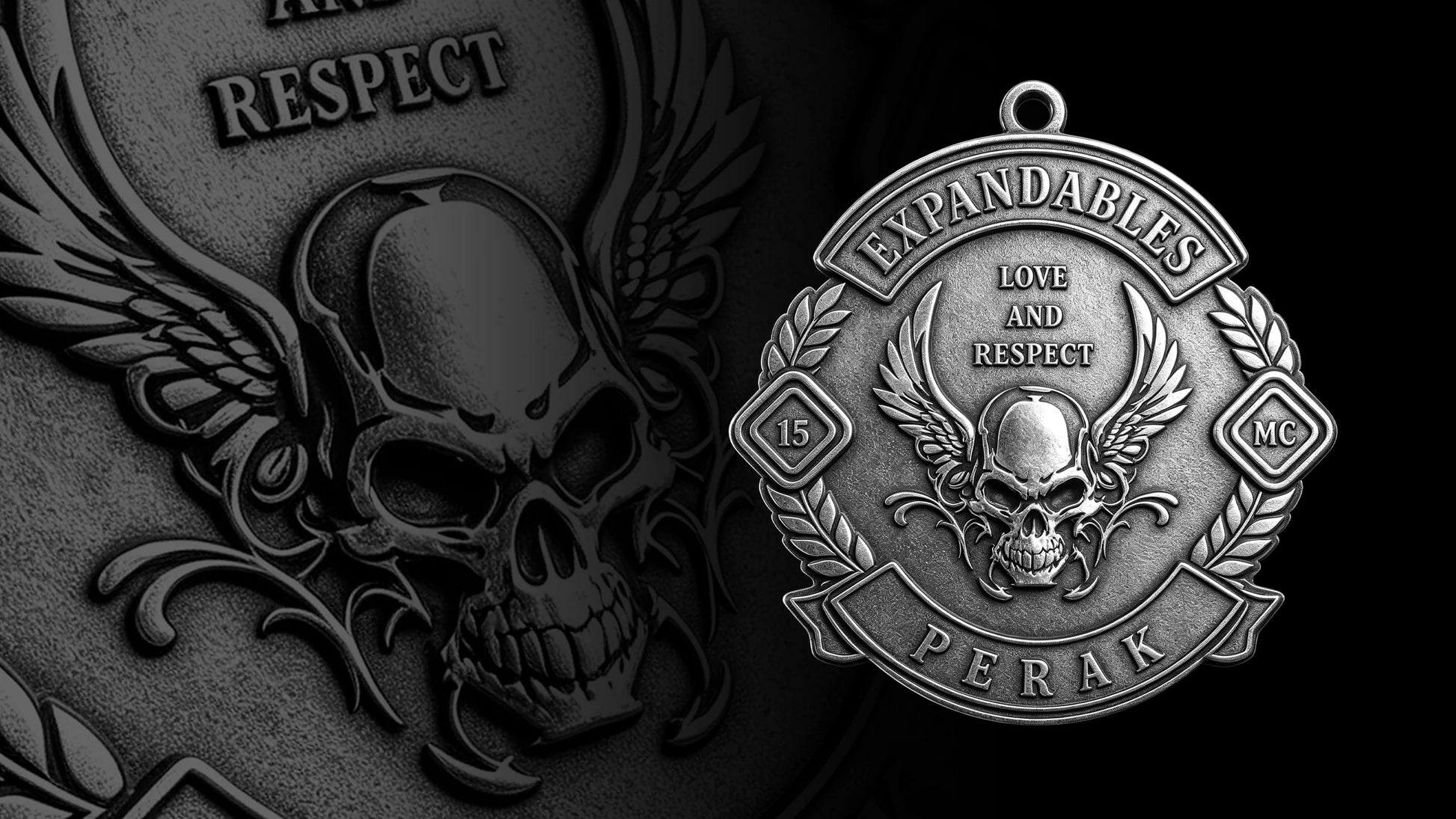 Custom winged devil skull motorcycle club pendant craftsmanship reference, gallery layout