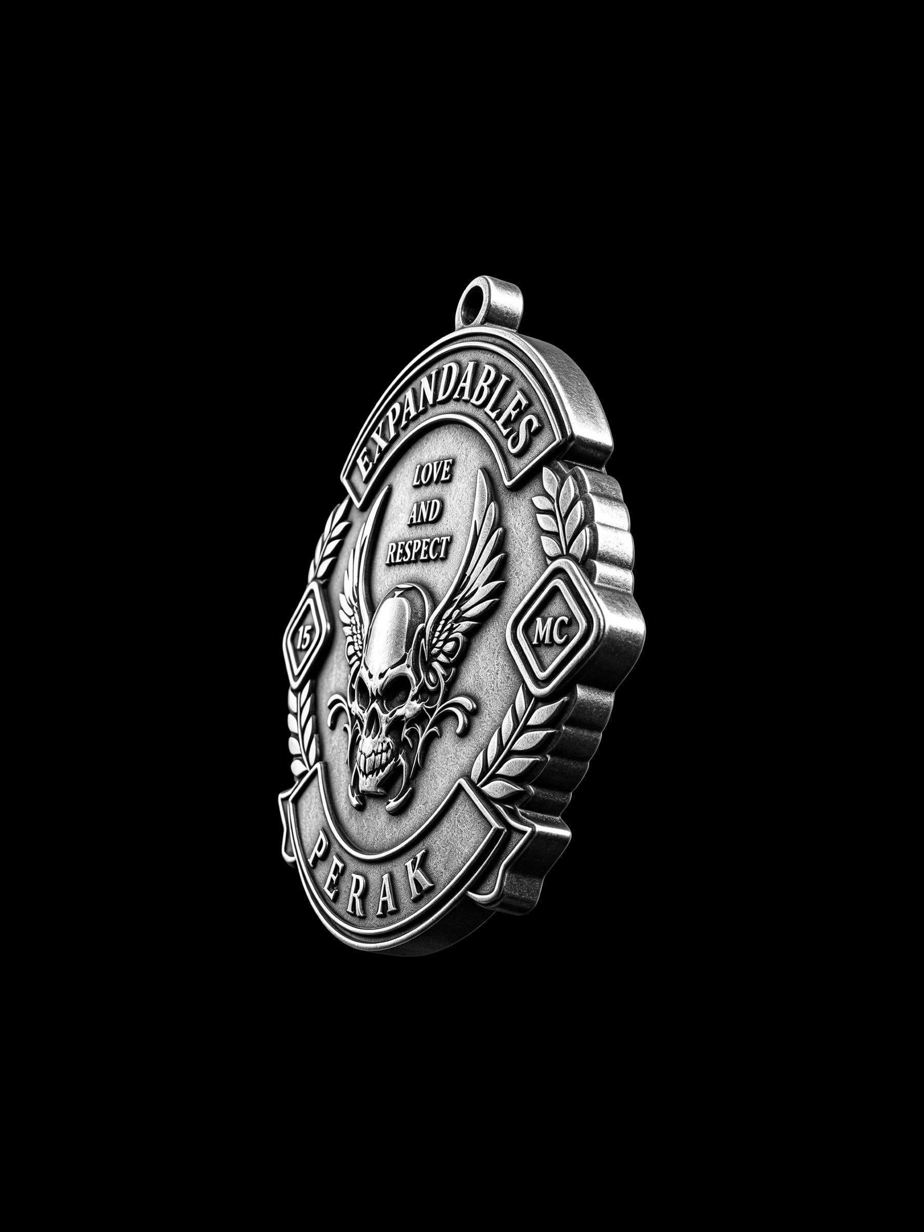 Custom winged devil skull motorcycle club pendant craftsmanship reference, left angle