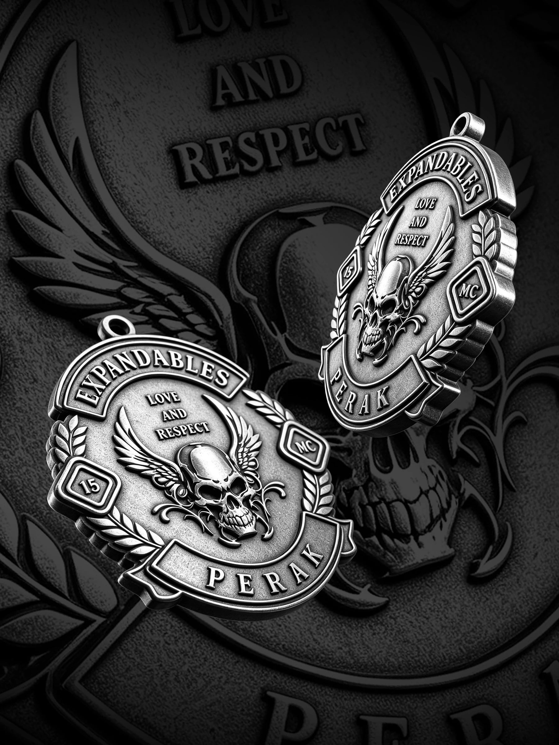Custom winged devil skull motorcycle club pendant craftsmanship reference, paired display