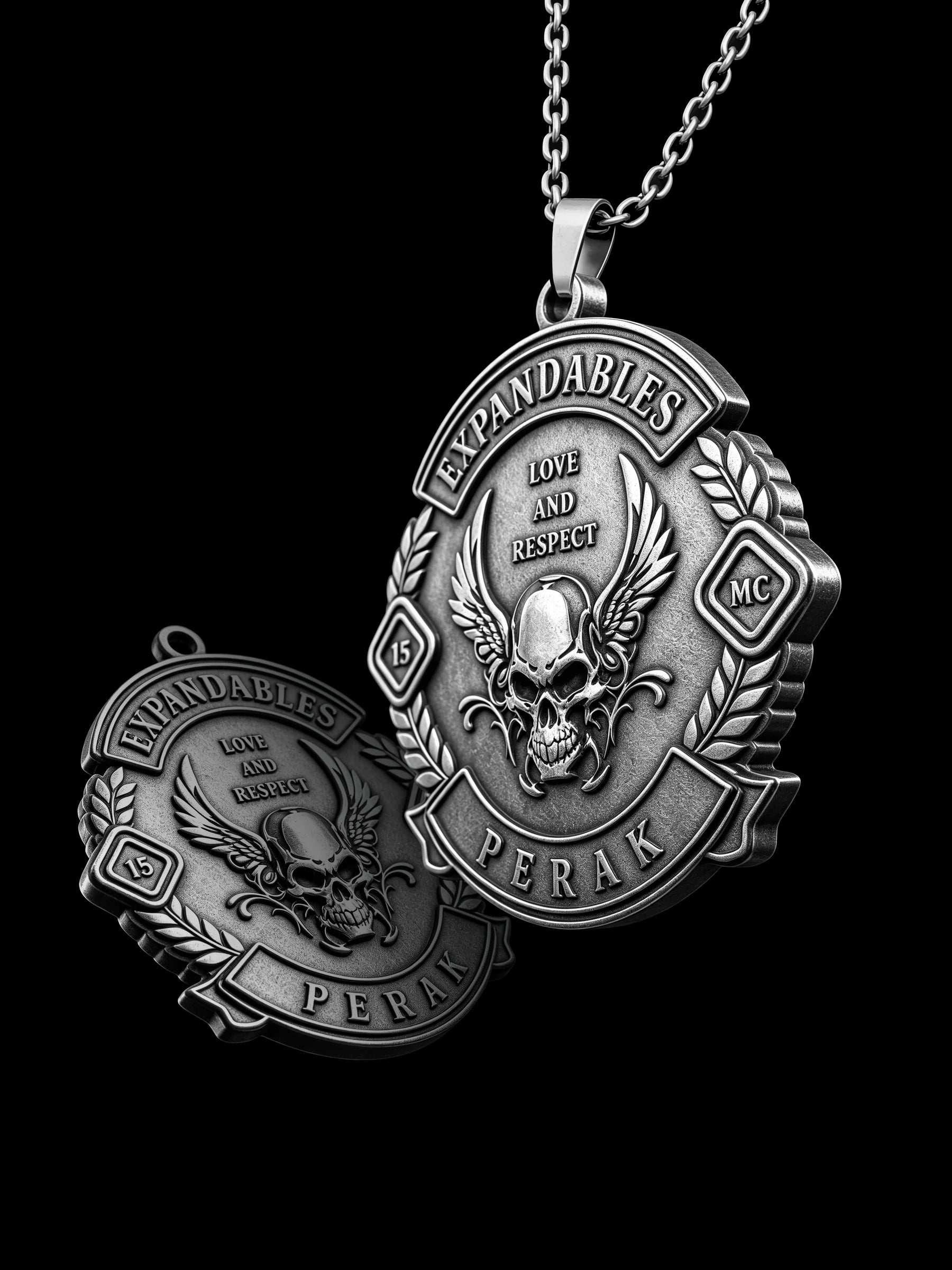 Custom winged devil skull motorcycle club pendant craftsmanship reference, raised relief detail