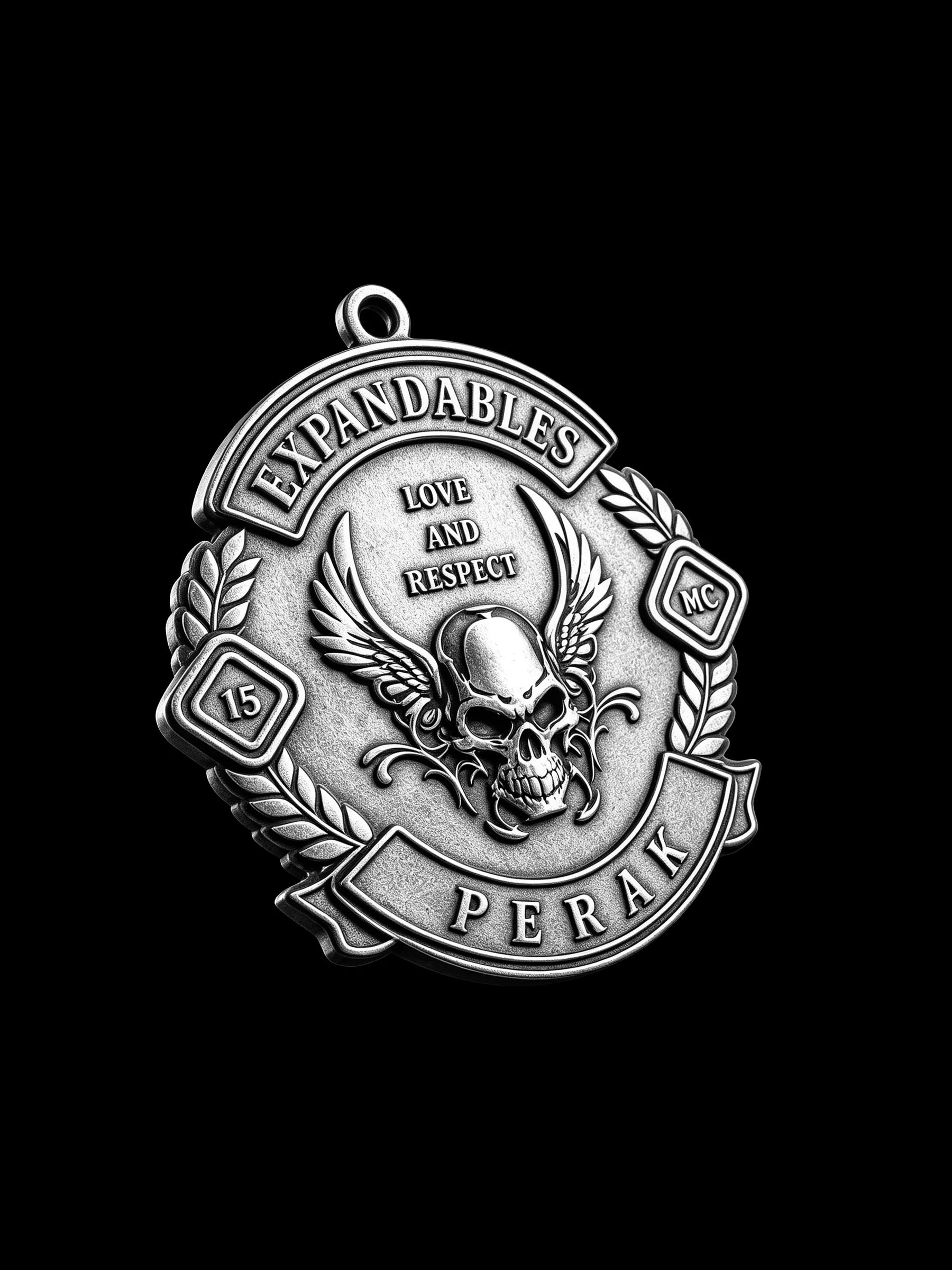 Custom winged devil skull motorcycle club pendant craftsmanship reference, right angle