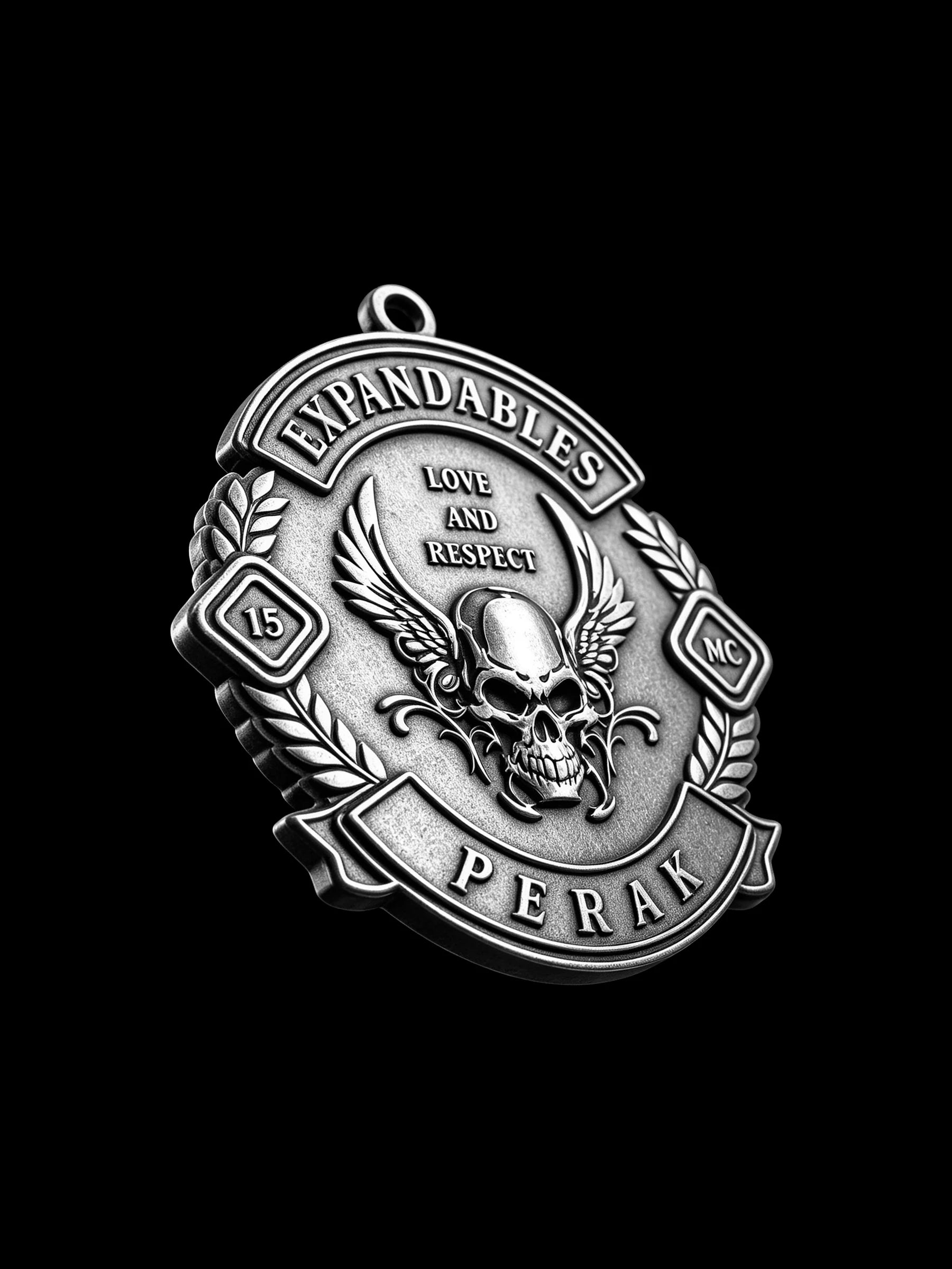 Custom winged devil skull motorcycle club pendant craftsmanship reference, side profile