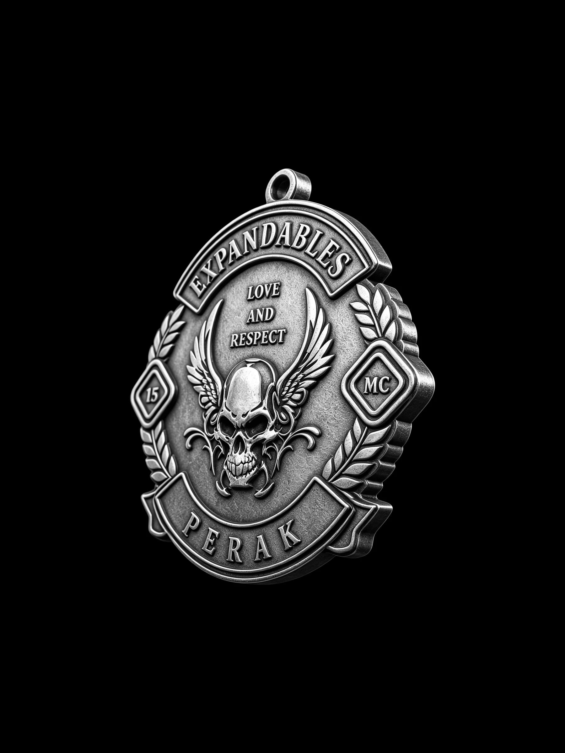 Custom winged devil skull motorcycle club pendant craftsmanship reference, three quarter view