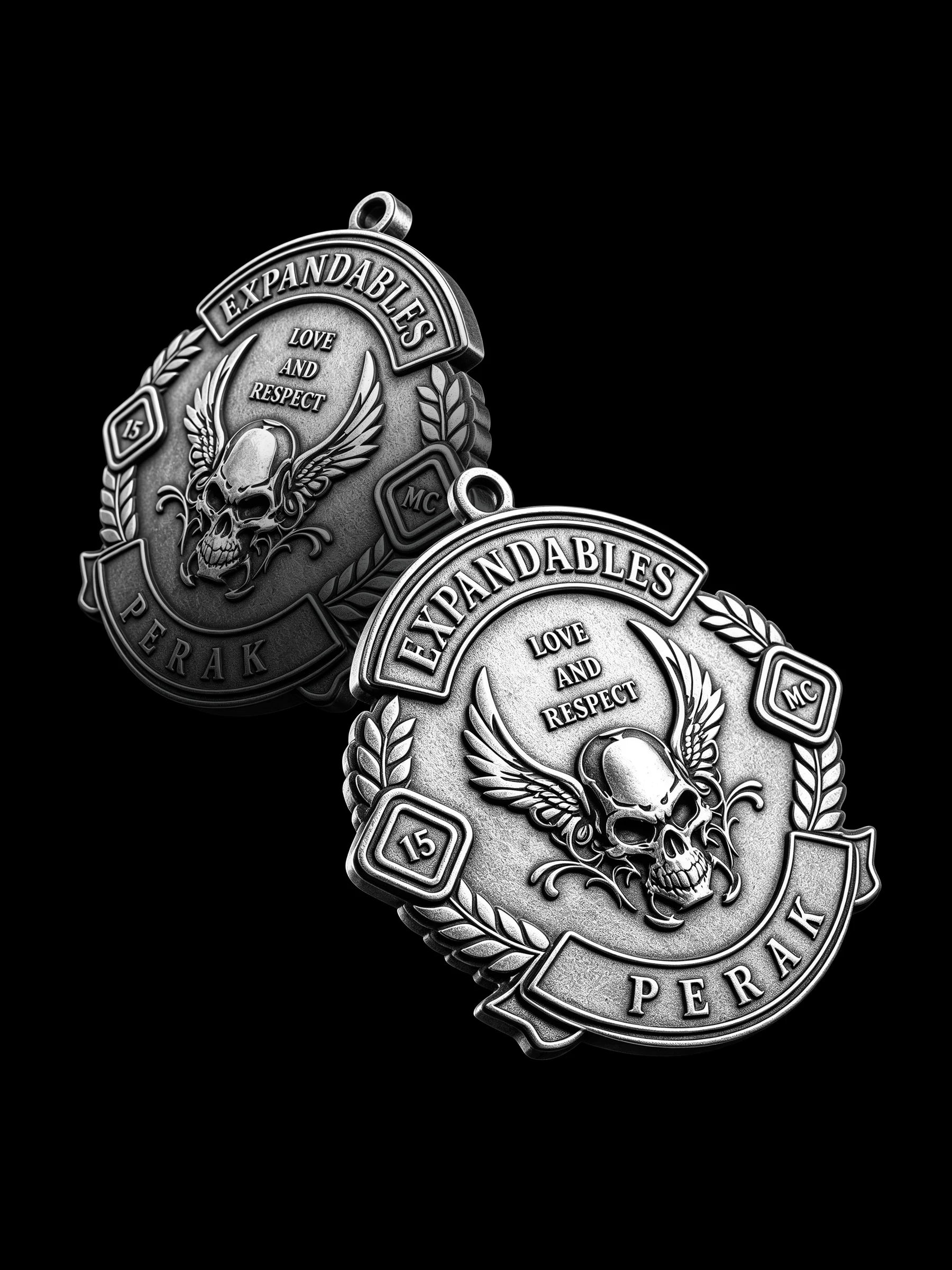 Custom winged devil skull motorcycle club pendant craftsmanship reference, with chain
