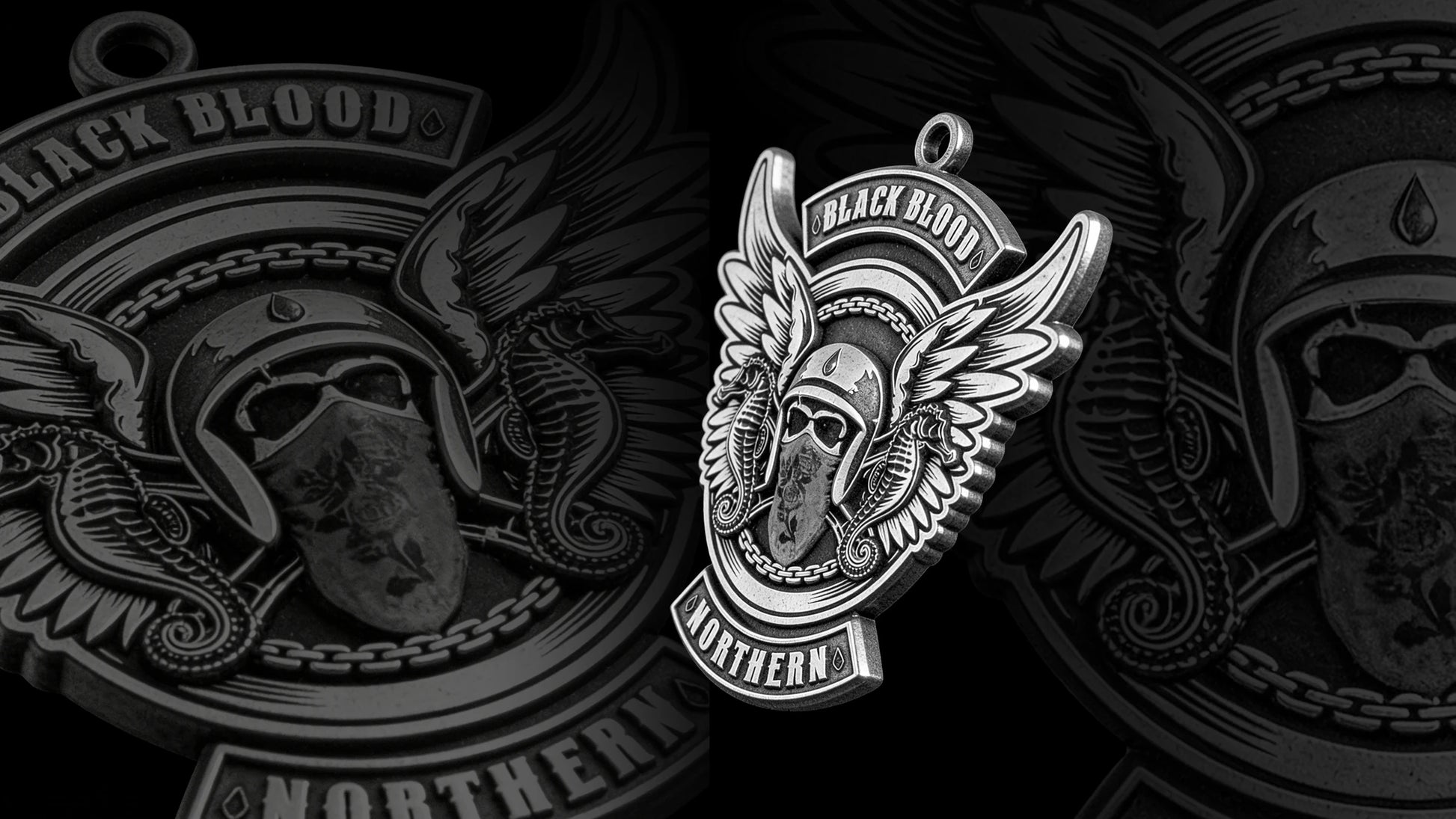 Custom winged masked rider motorcycle club pendant craftsmanship reference, back and front