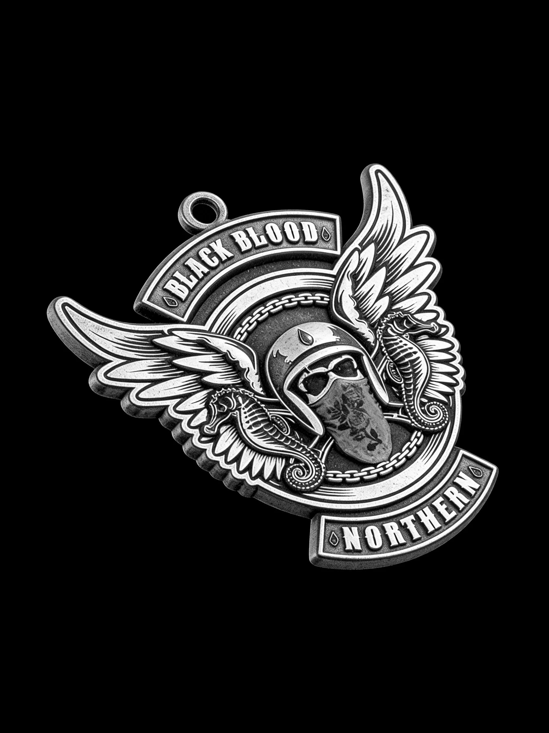 Custom winged masked rider motorcycle club pendant craftsmanship reference, left angle