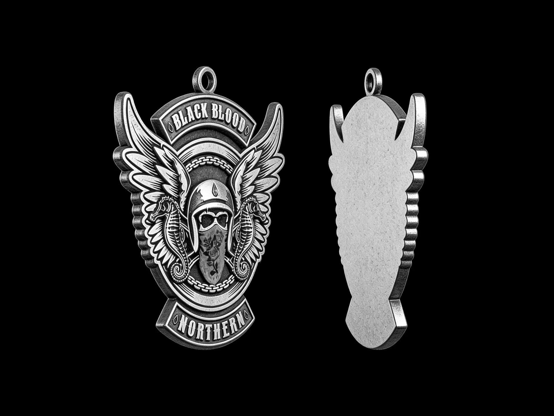 Custom winged masked rider motorcycle club pendant craftsmanship reference, paired display