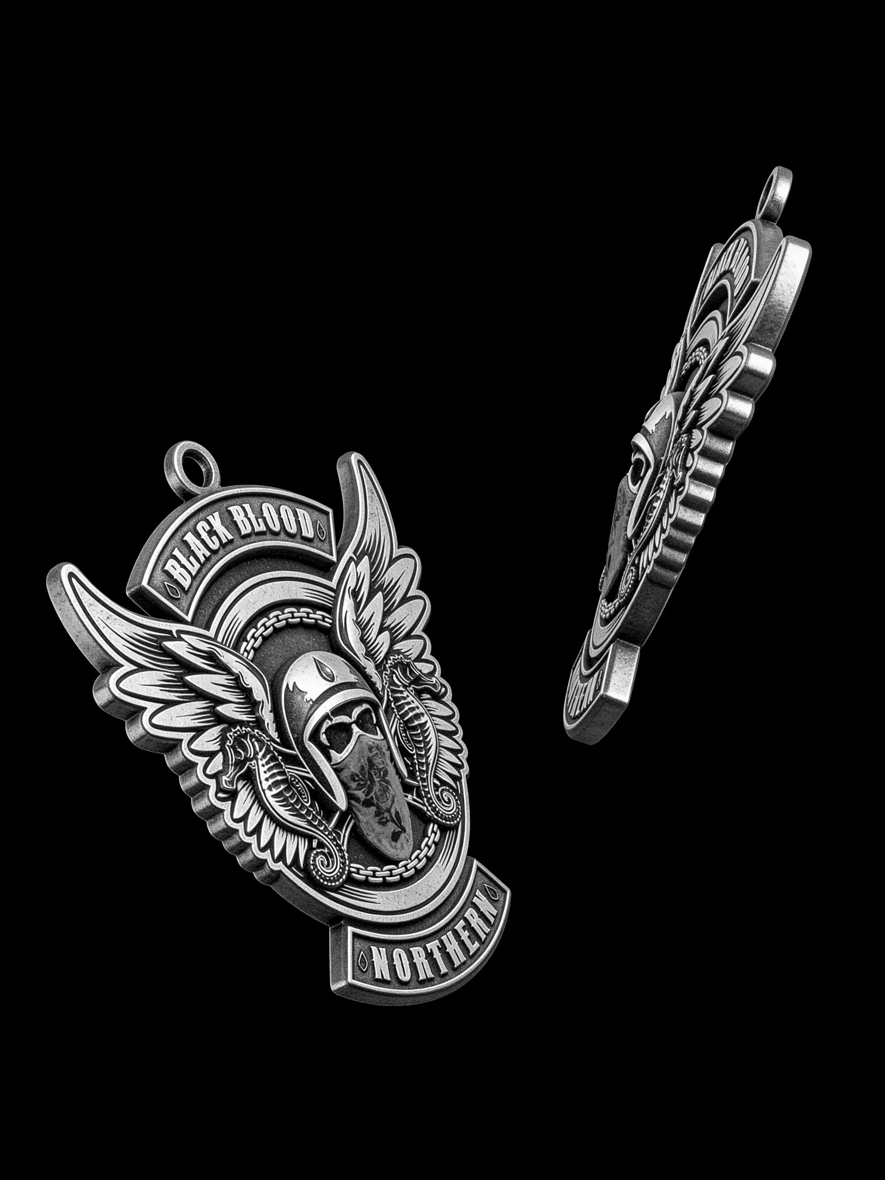 Custom winged masked rider motorcycle club pendant craftsmanship reference, raised relief detail