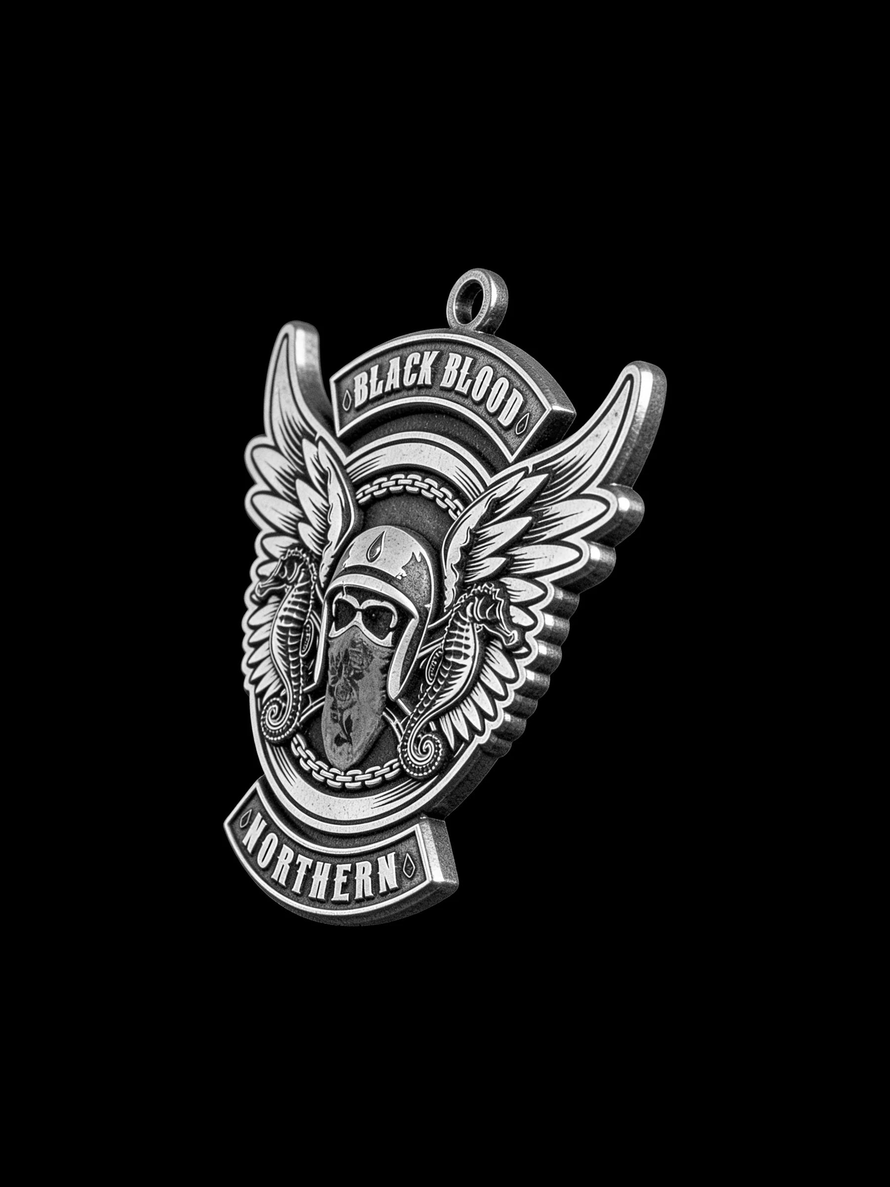 Custom winged masked rider motorcycle club pendant craftsmanship reference, right angle