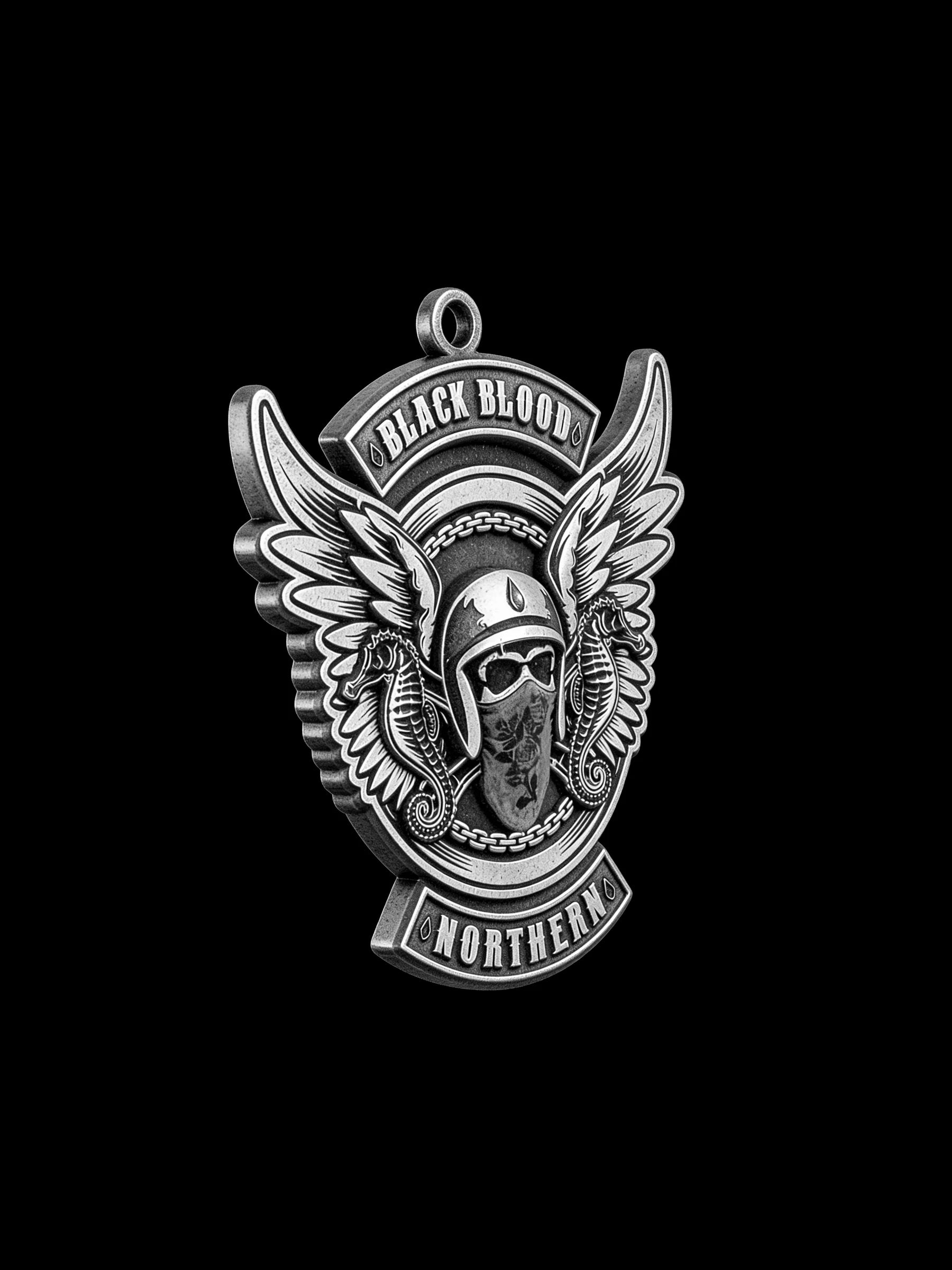 Custom winged masked rider motorcycle club pendant craftsmanship reference, three quarter view