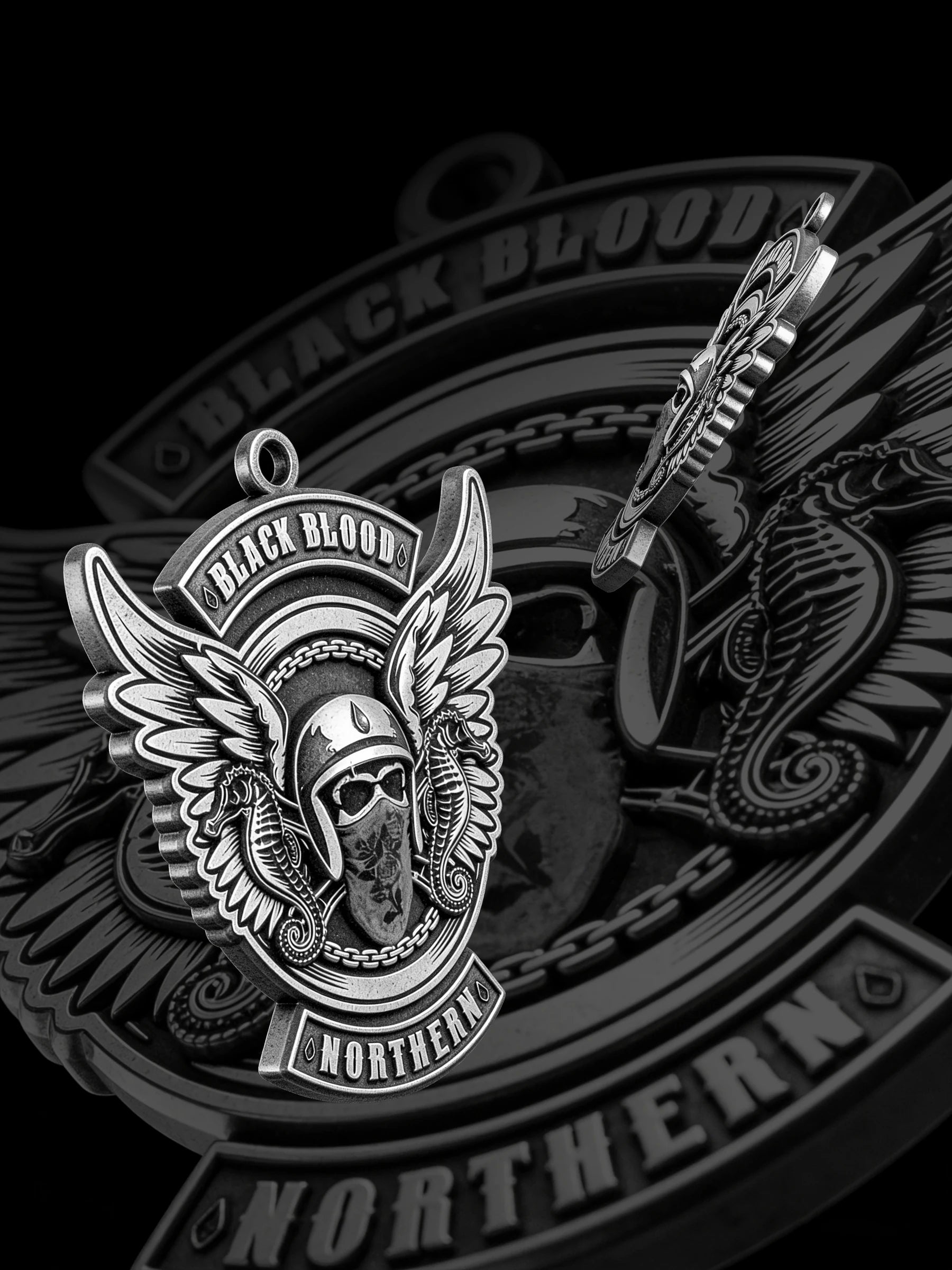 Custom winged masked rider motorcycle club pendant craftsmanship reference, with chain