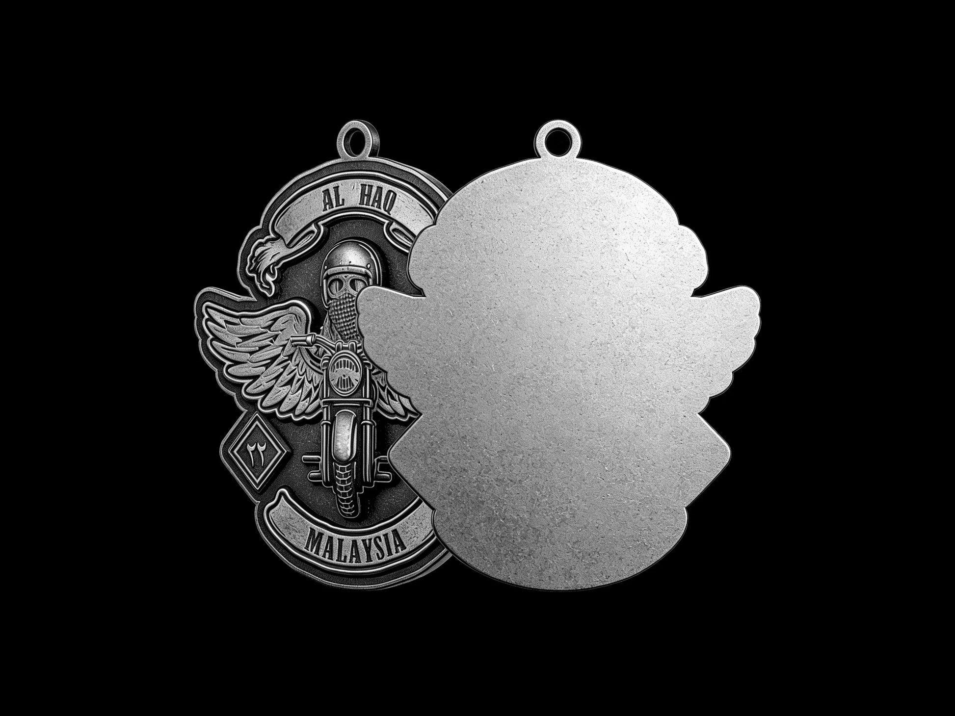 Custom winged motorcyclist motorcycle club pendant craftsmanship reference, back and front