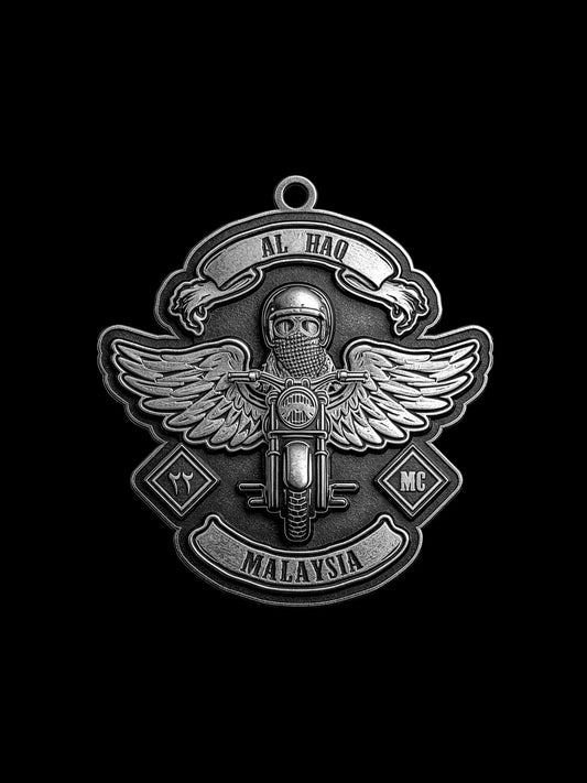 Custom winged motorcyclist motorcycle club pendant craftsmanship reference, front view