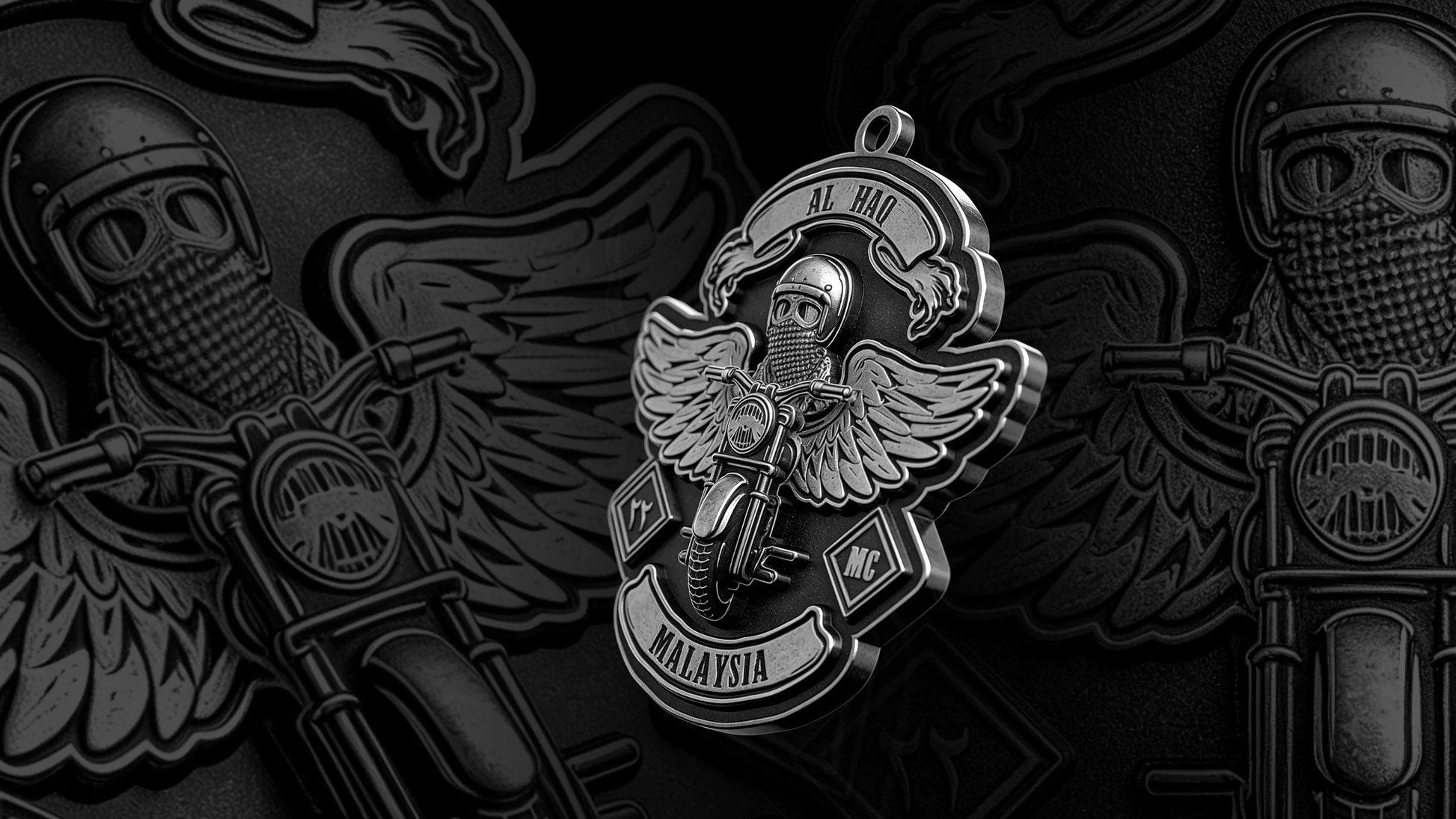 Custom winged motorcyclist motorcycle club pendant craftsmanship reference, gallery layout