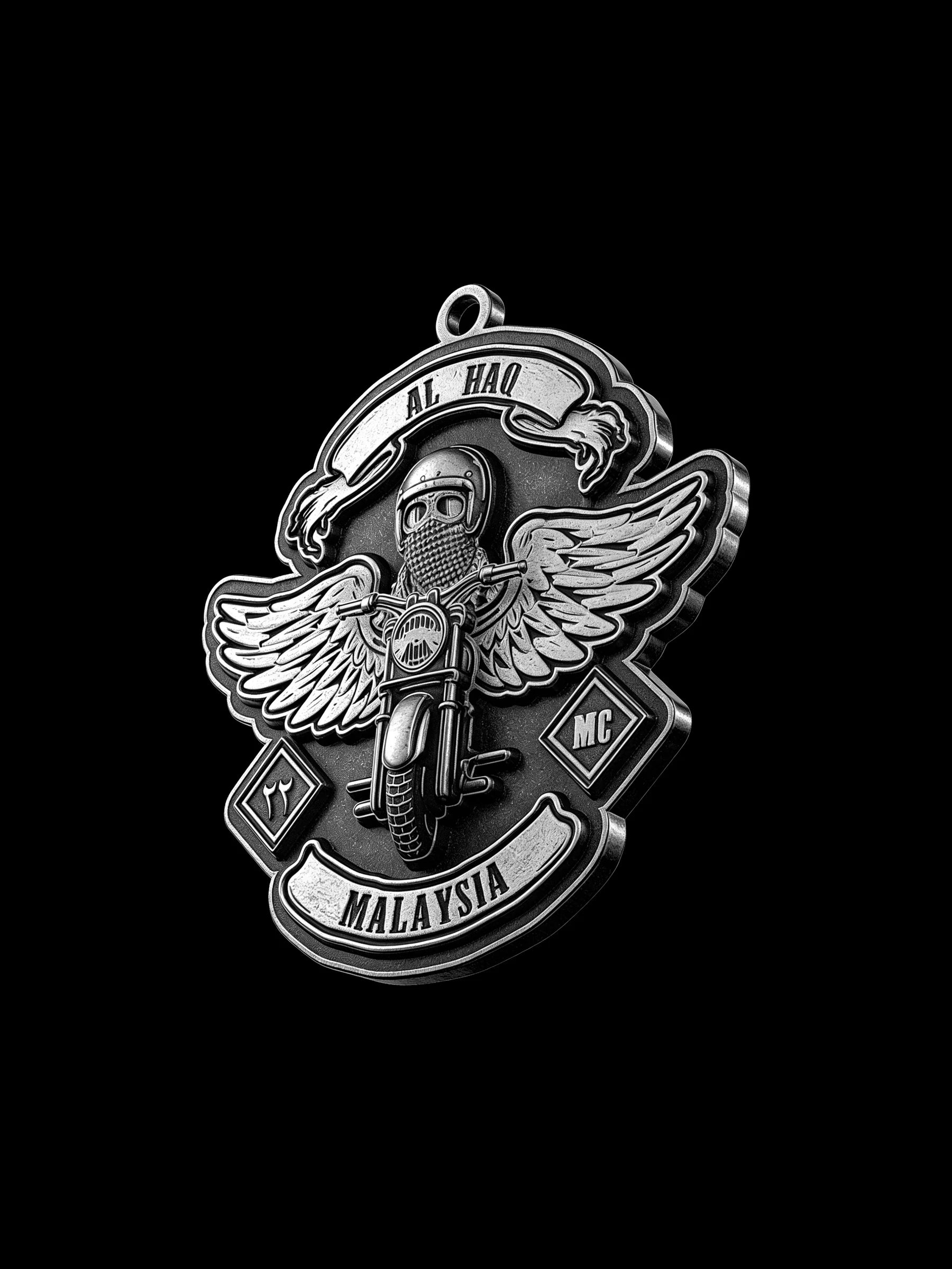 Custom winged motorcyclist motorcycle club pendant craftsmanship reference, left angle