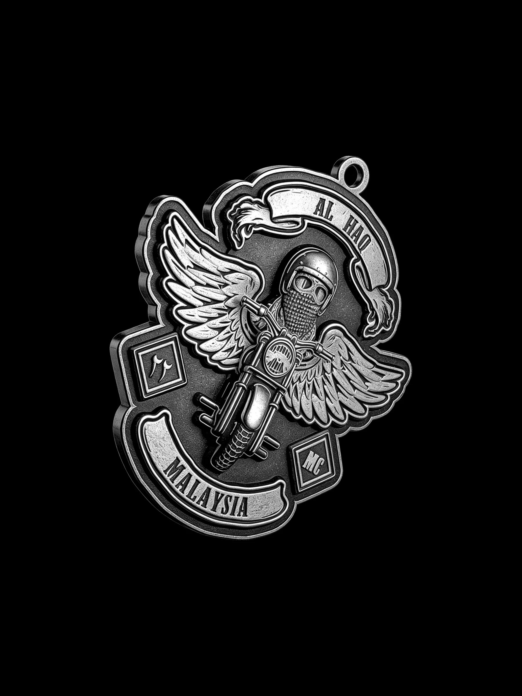 Custom winged motorcyclist motorcycle club pendant craftsmanship reference, right angle