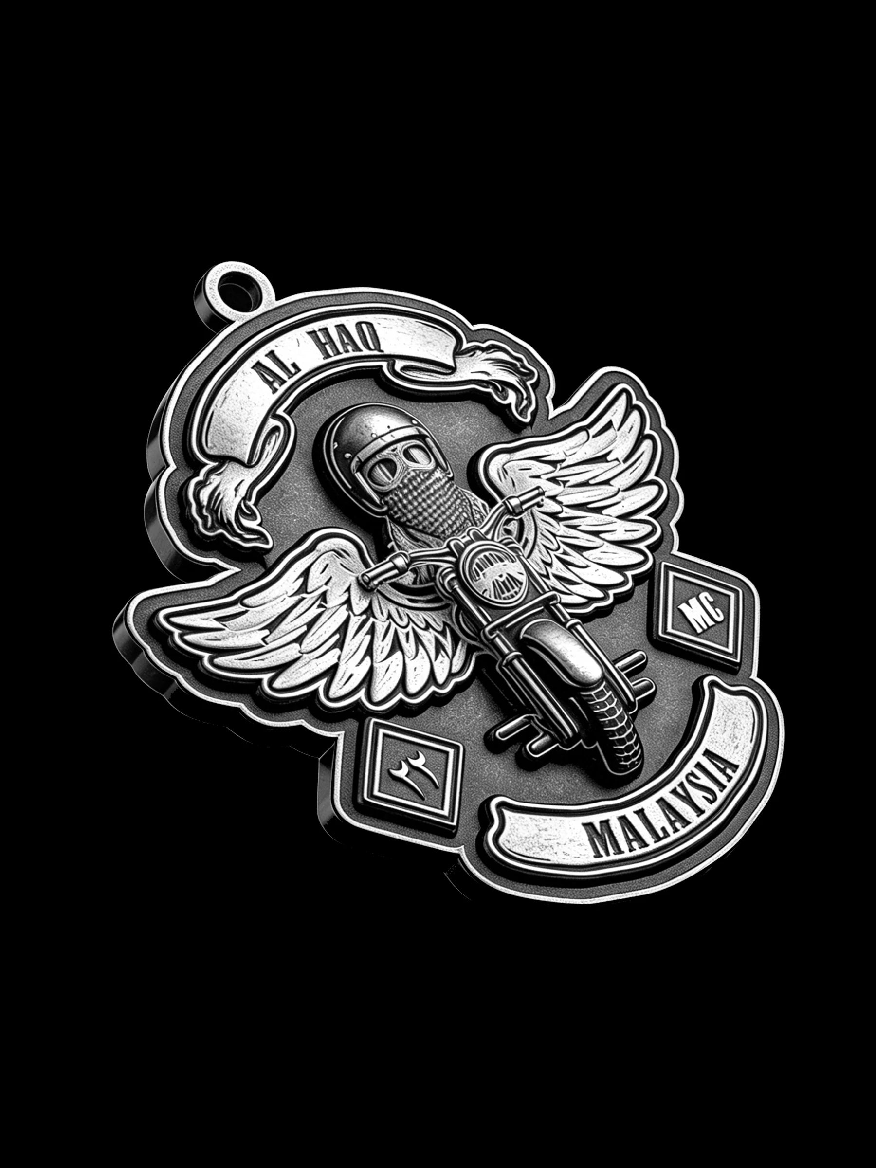 Custom winged motorcyclist motorcycle club pendant craftsmanship reference, side profile