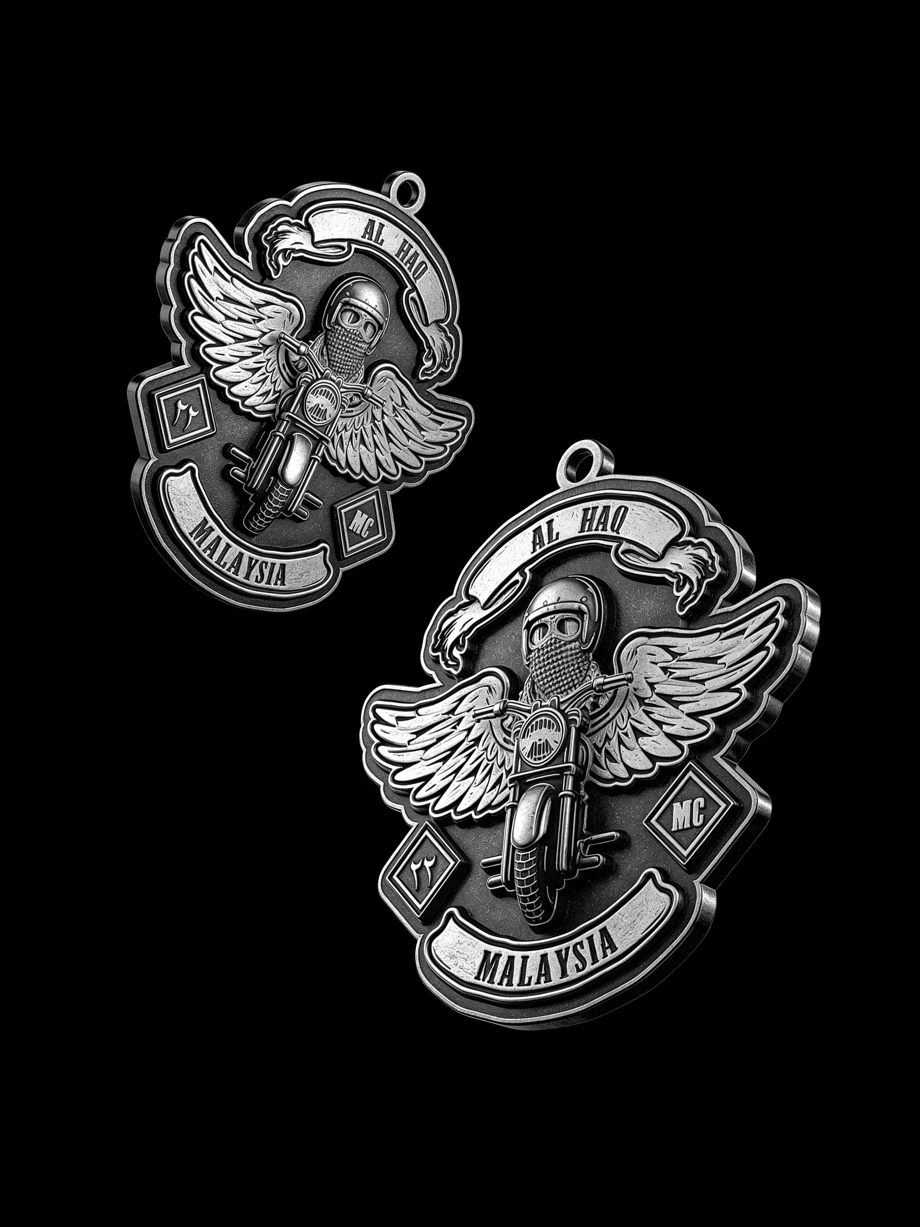 Custom winged motorcyclist motorcycle club pendant craftsmanship reference, with chain