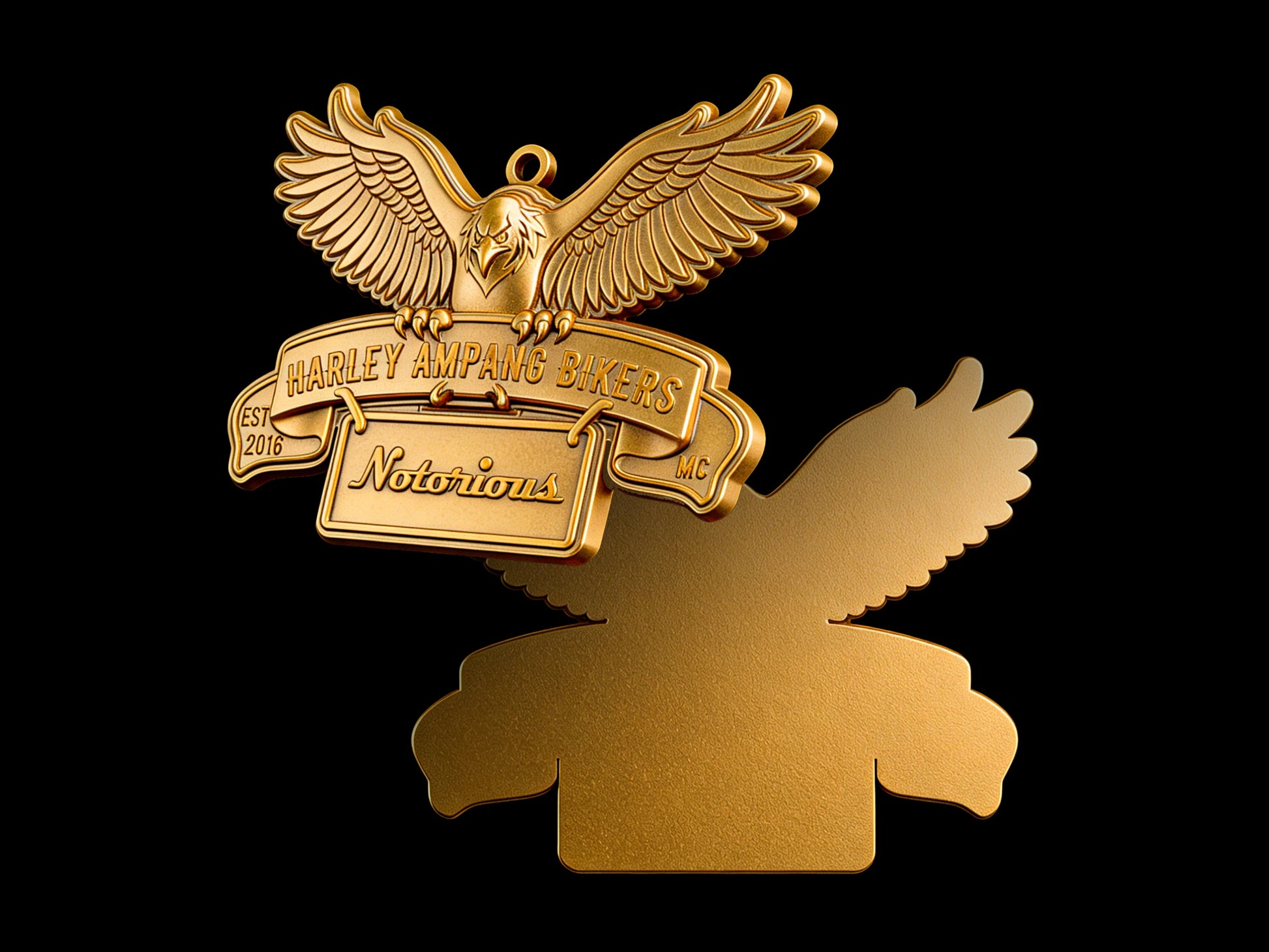Custom winged road eagle motorcycle club pendant craftsmanship reference, back and front