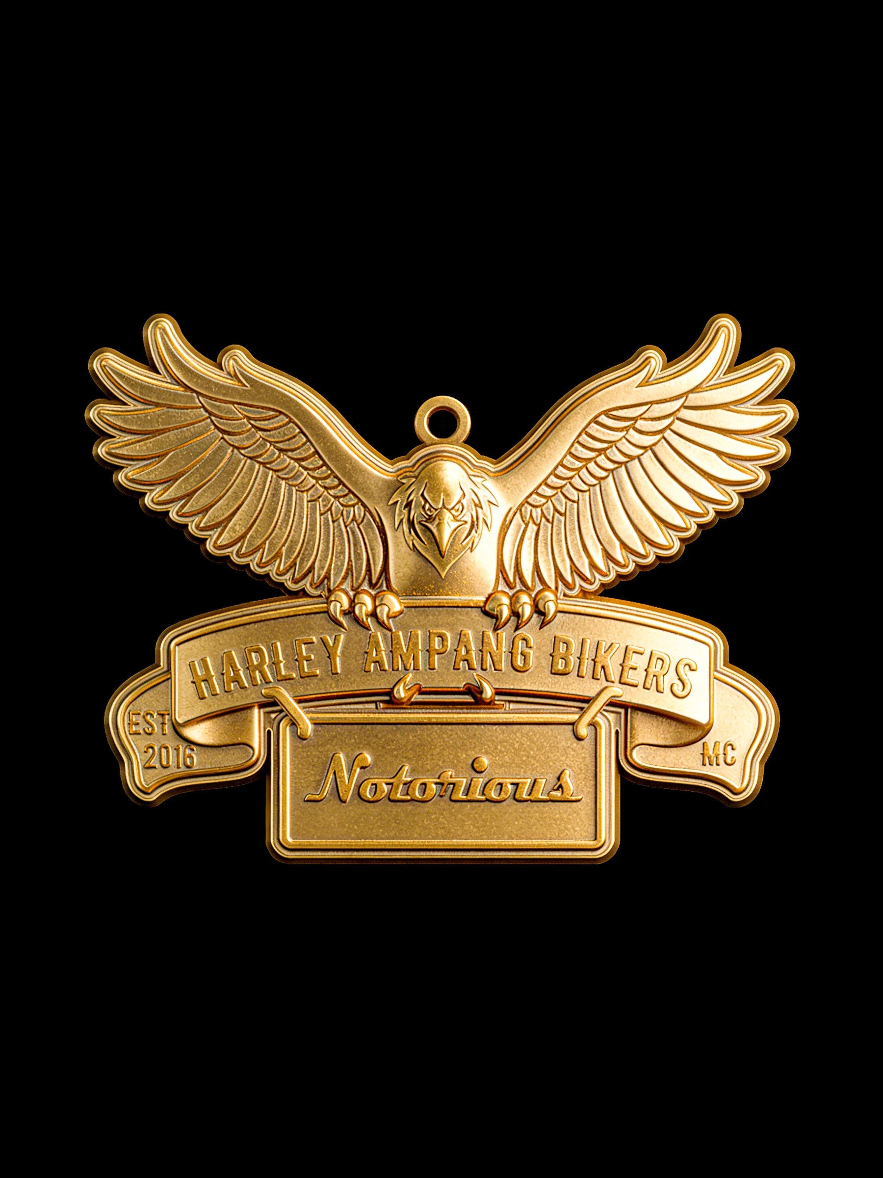 Custom winged road eagle motorcycle club pendant craftsmanship reference, front view