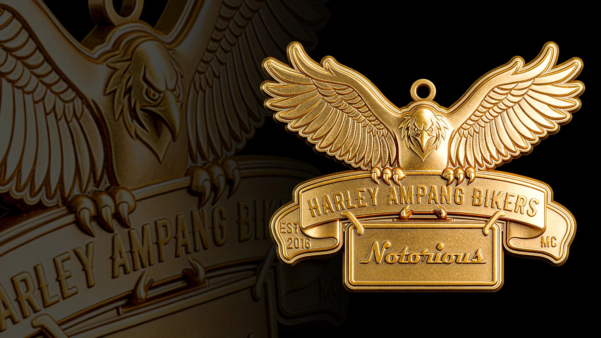 Custom winged road eagle motorcycle club pendant craftsmanship reference, gallery layout