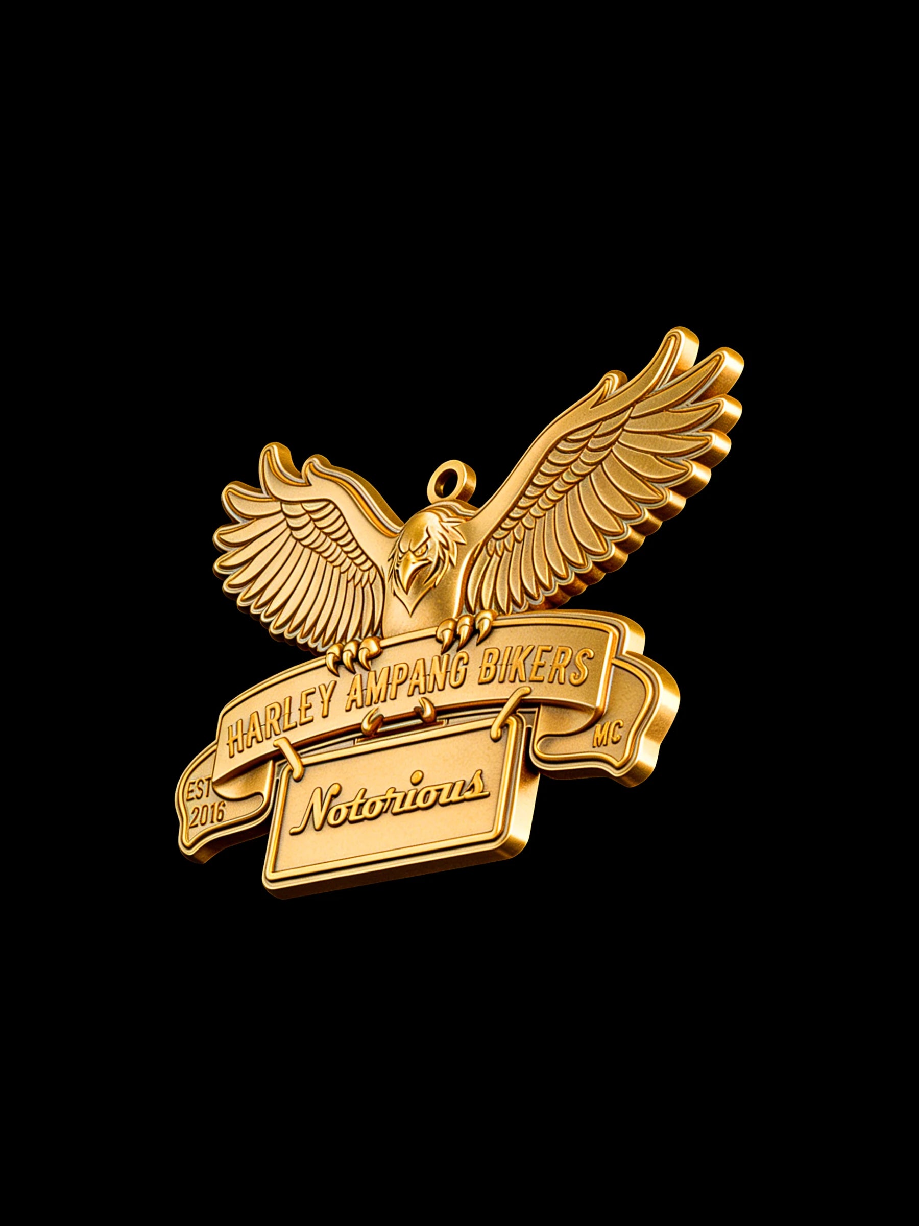 Custom winged road eagle motorcycle club pendant craftsmanship reference, left angle