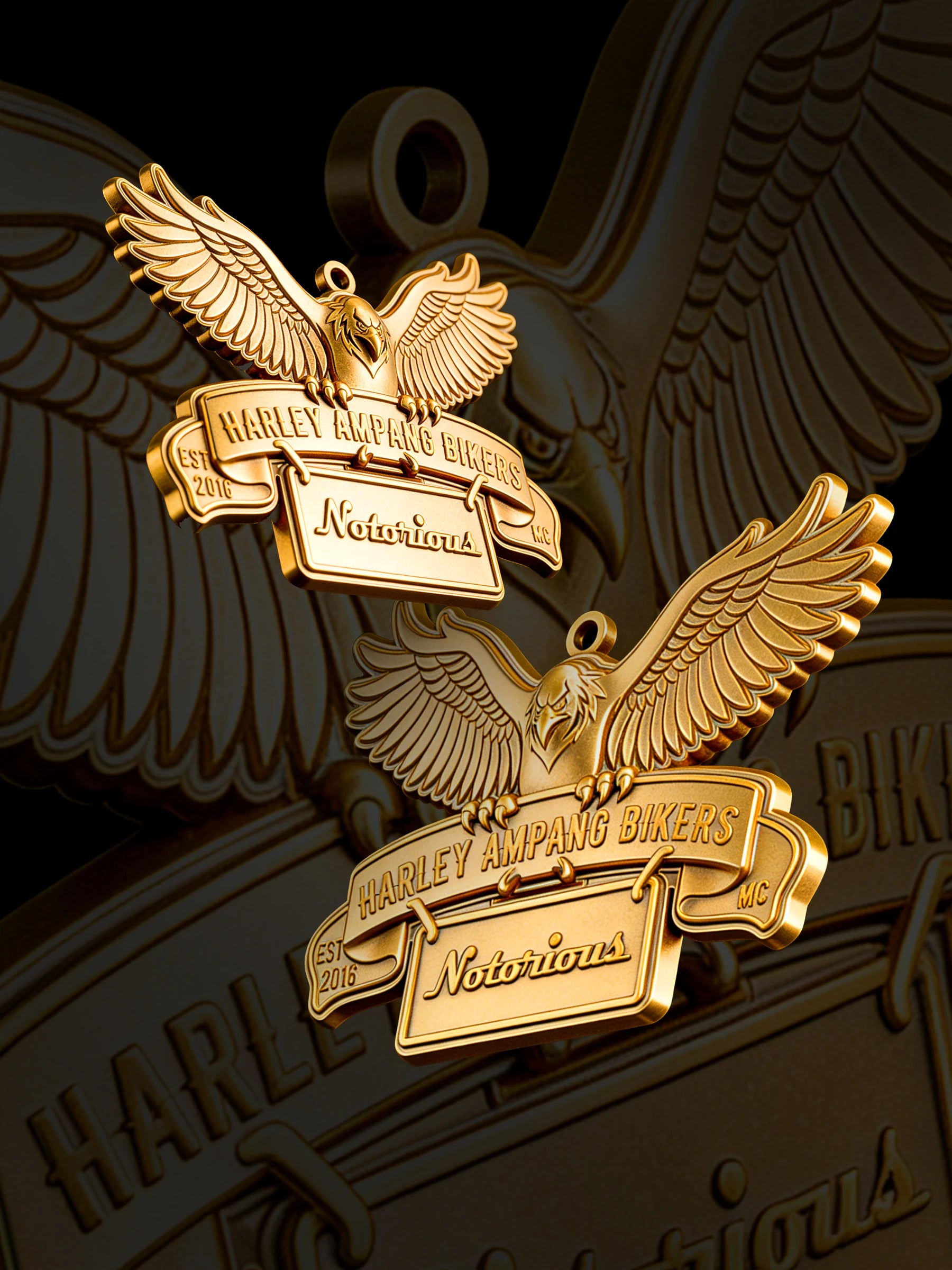 Custom winged road eagle motorcycle club pendant craftsmanship reference, paired display