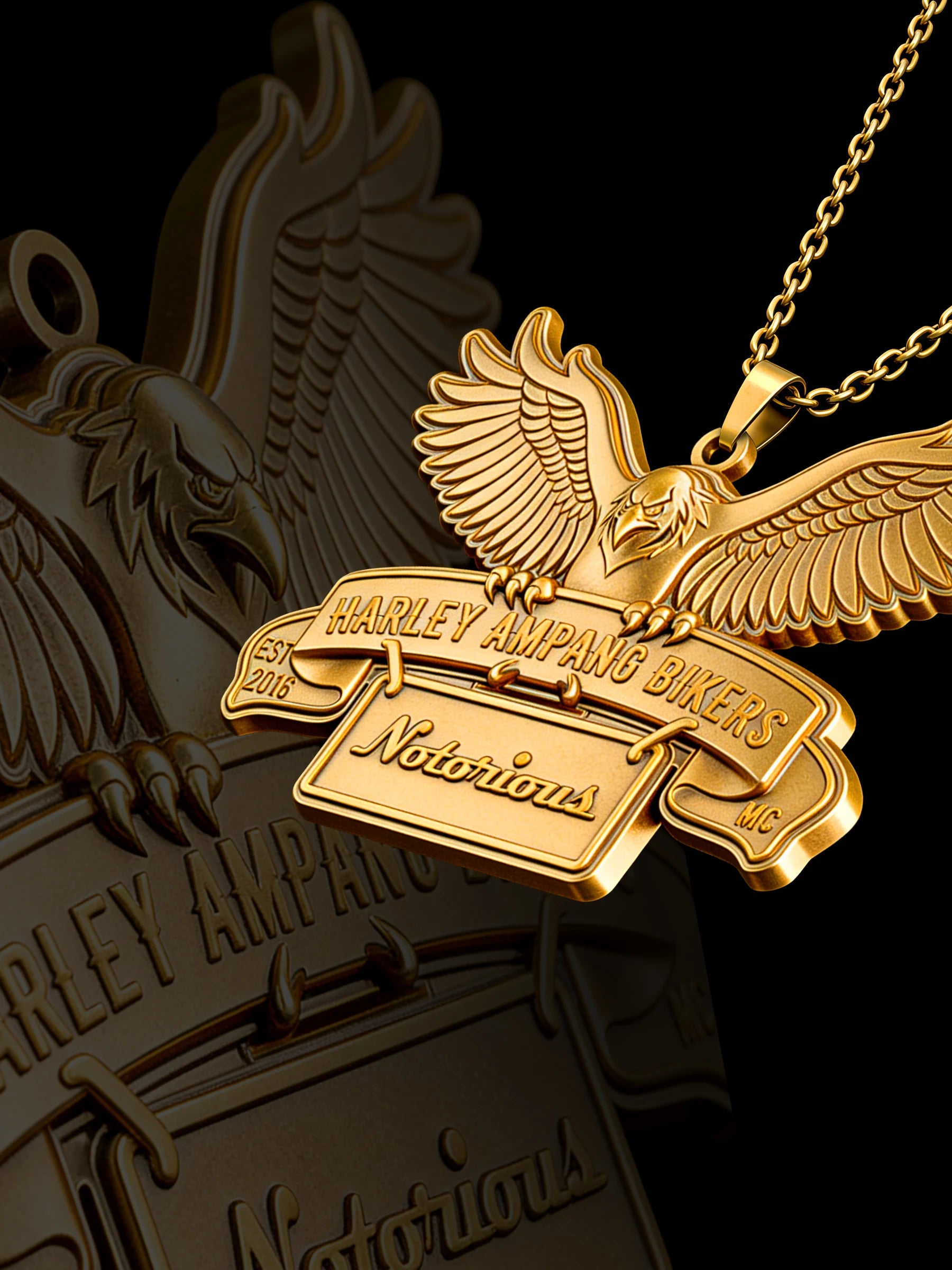 Custom winged road eagle motorcycle club pendant craftsmanship reference, raised relief detail