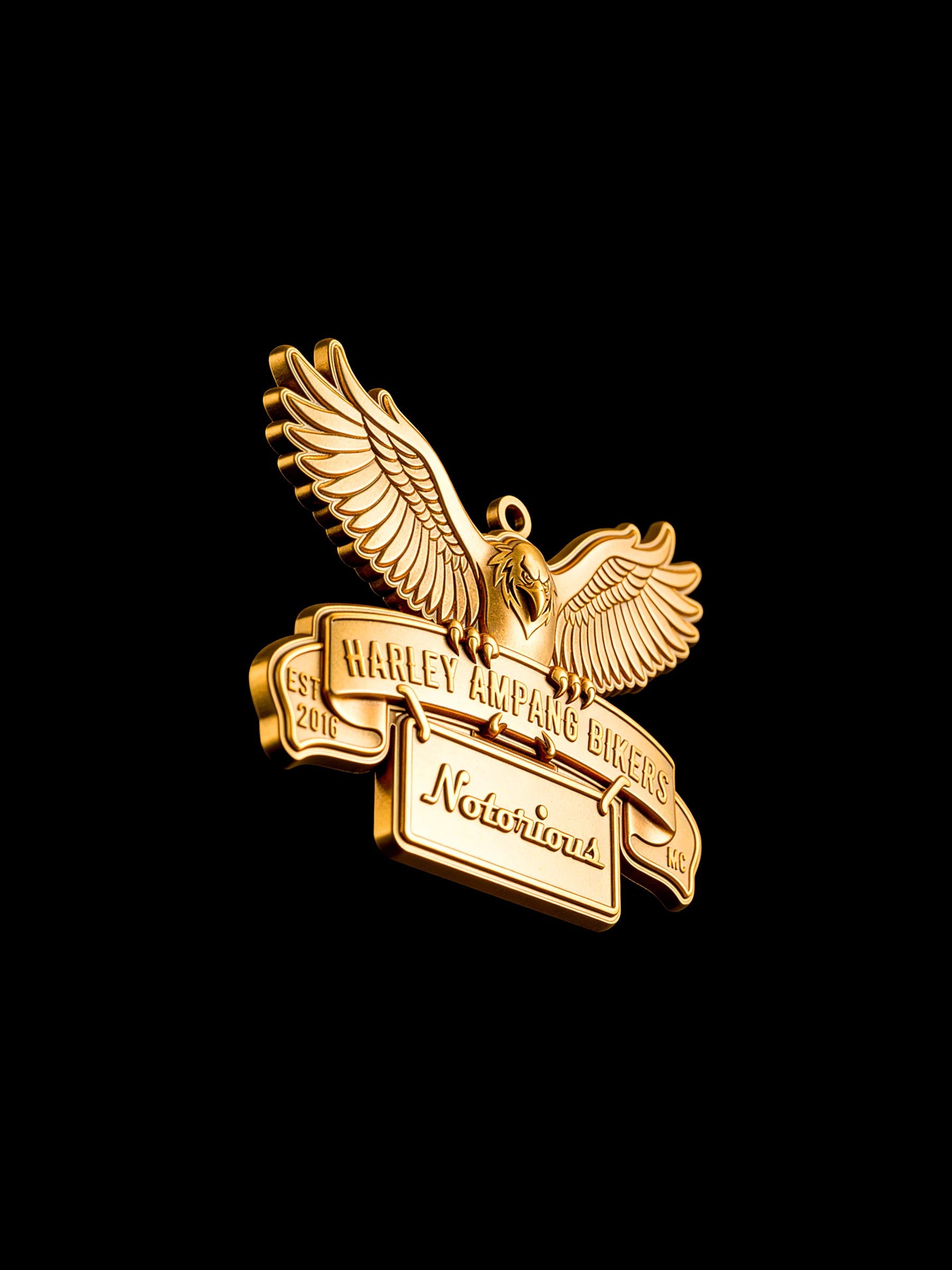 Custom winged road eagle motorcycle club pendant craftsmanship reference, right angle