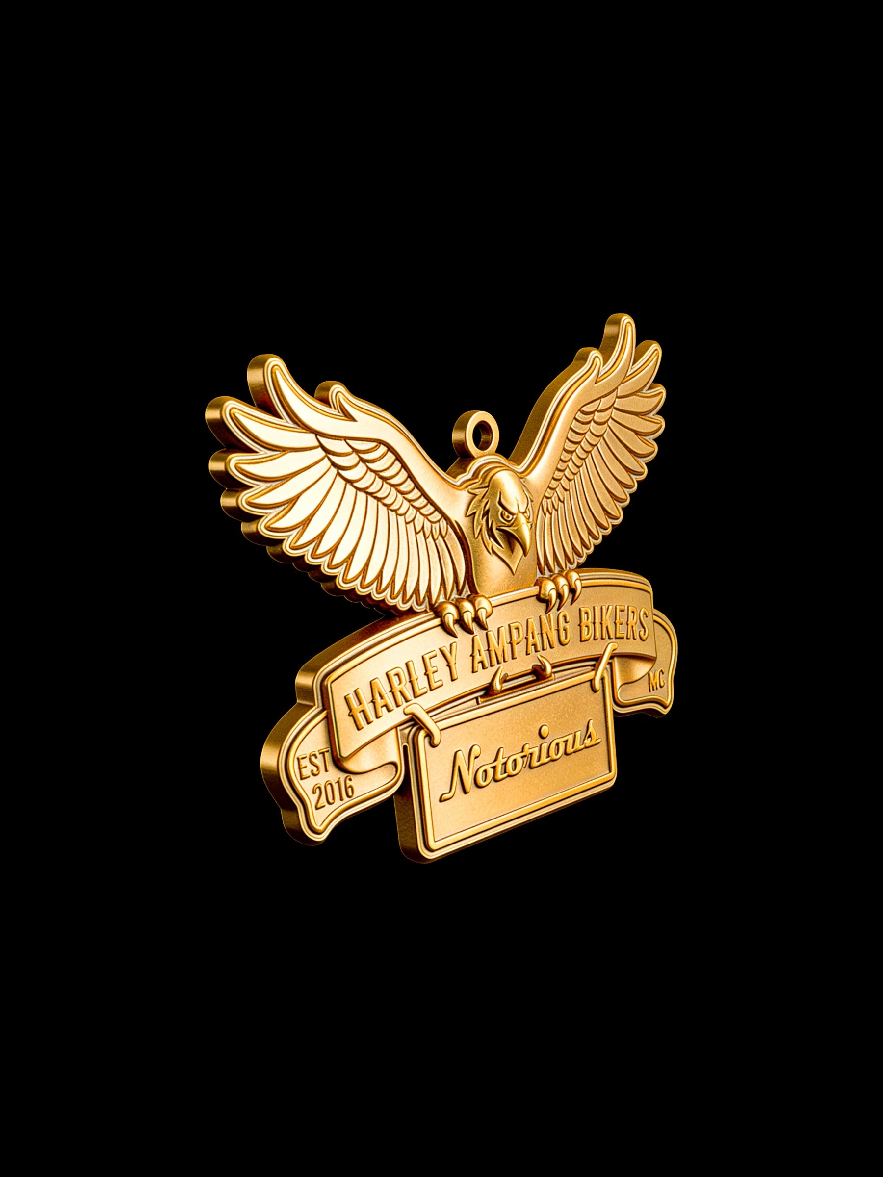 Custom winged road eagle motorcycle club pendant craftsmanship reference, side profile