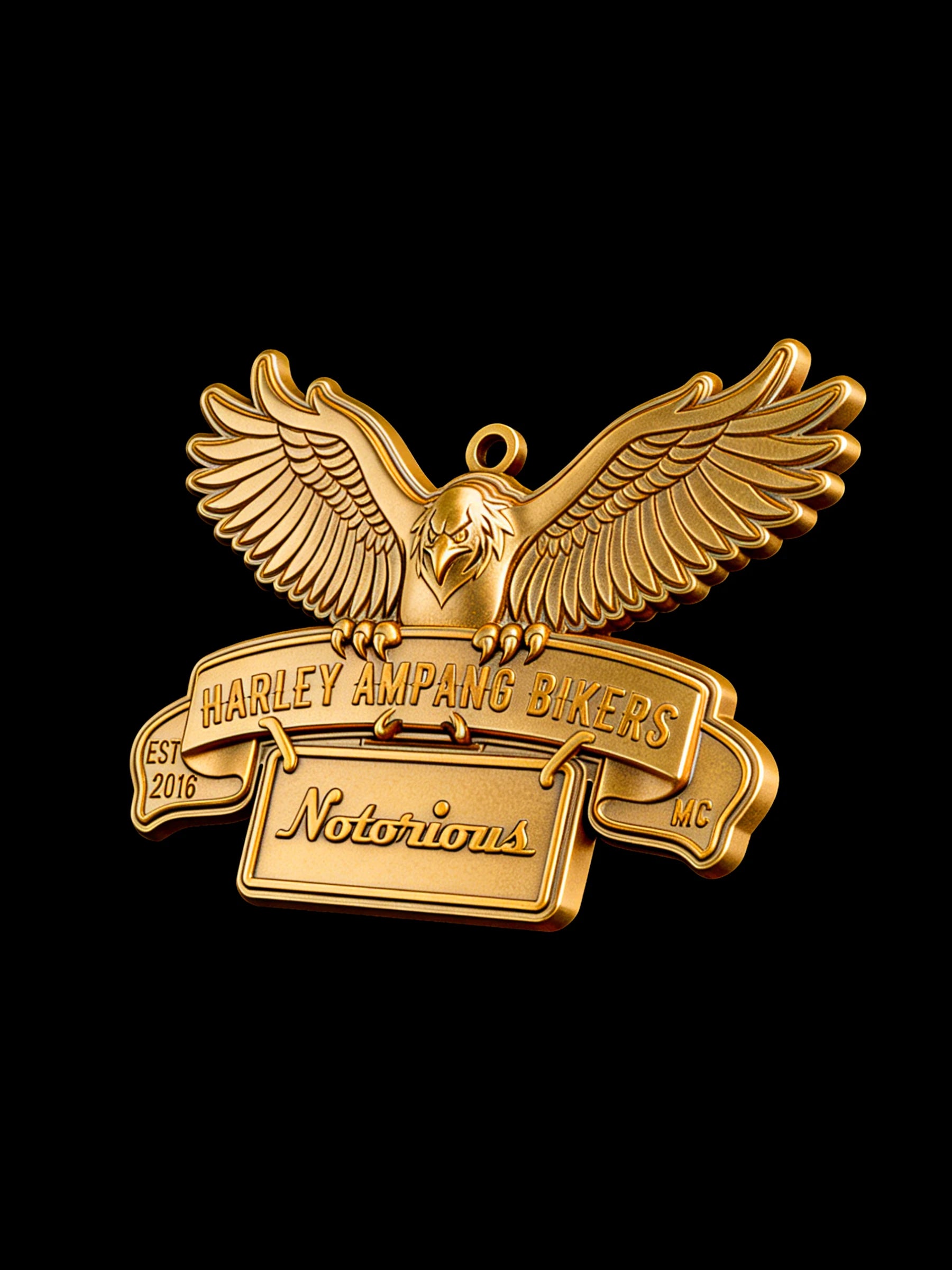 Custom winged road eagle motorcycle club pendant craftsmanship reference, three quarter view