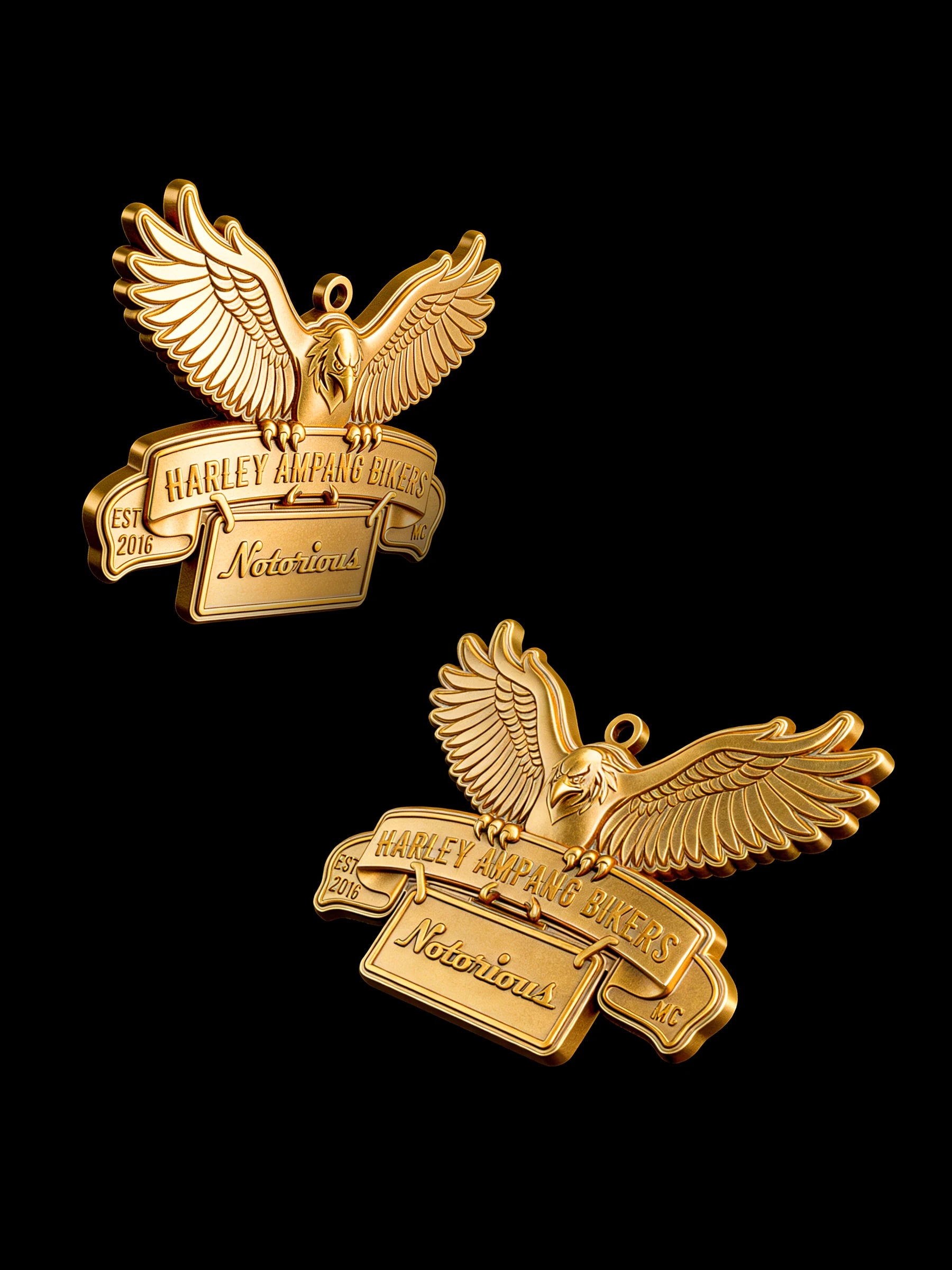 Custom winged road eagle motorcycle club pendant craftsmanship reference, with chain