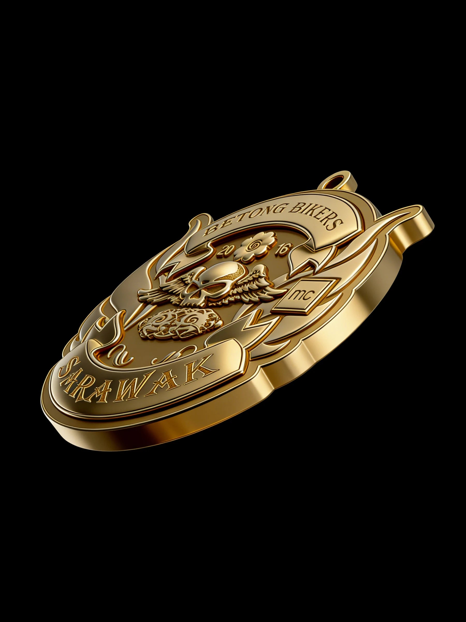 Custom winged skull motorcycle club pendant craftsmanship reference, left angle